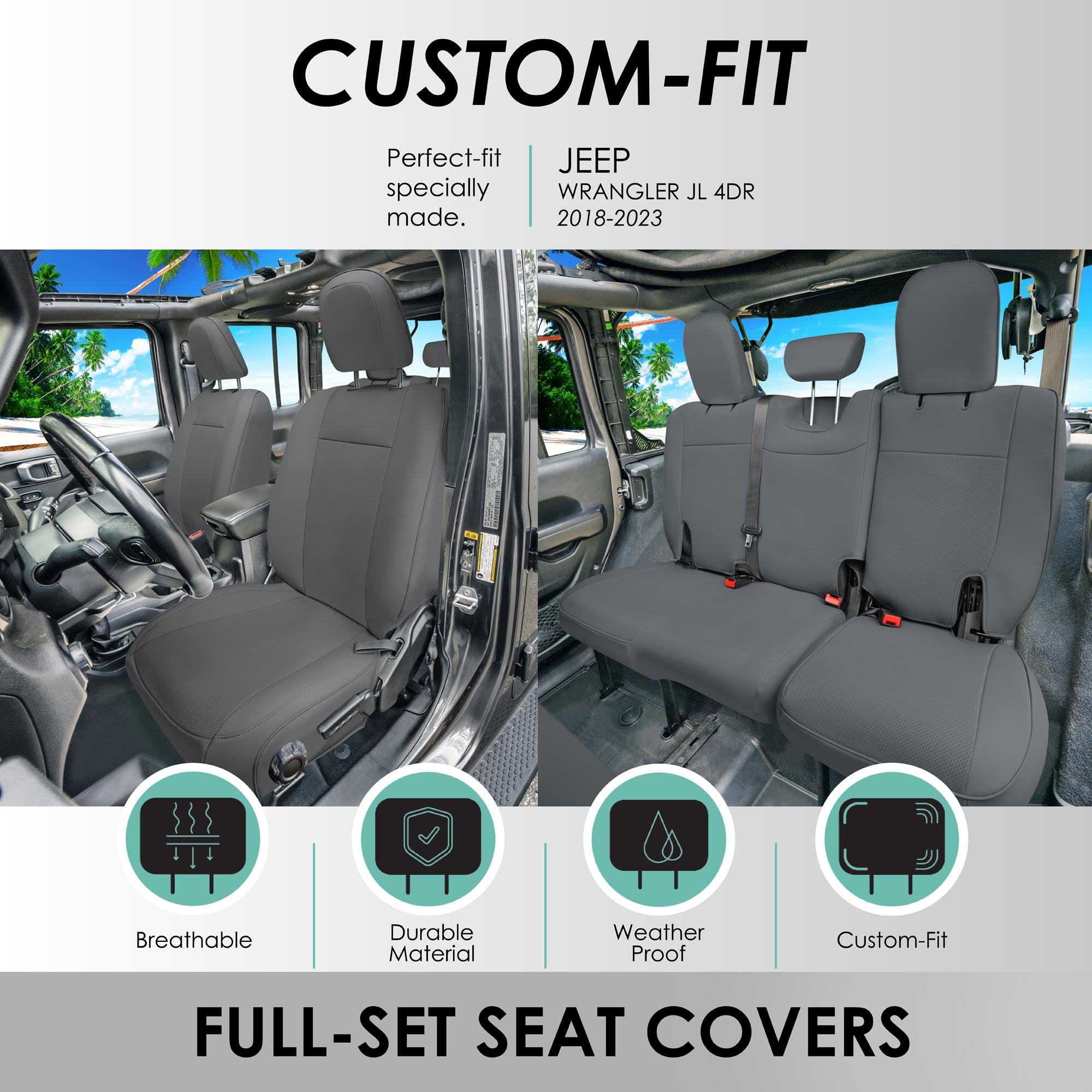 Jeep Wrangler JL 4-Door 2018-2023 -  Full Set Seat Covers - Gray Faux Leather