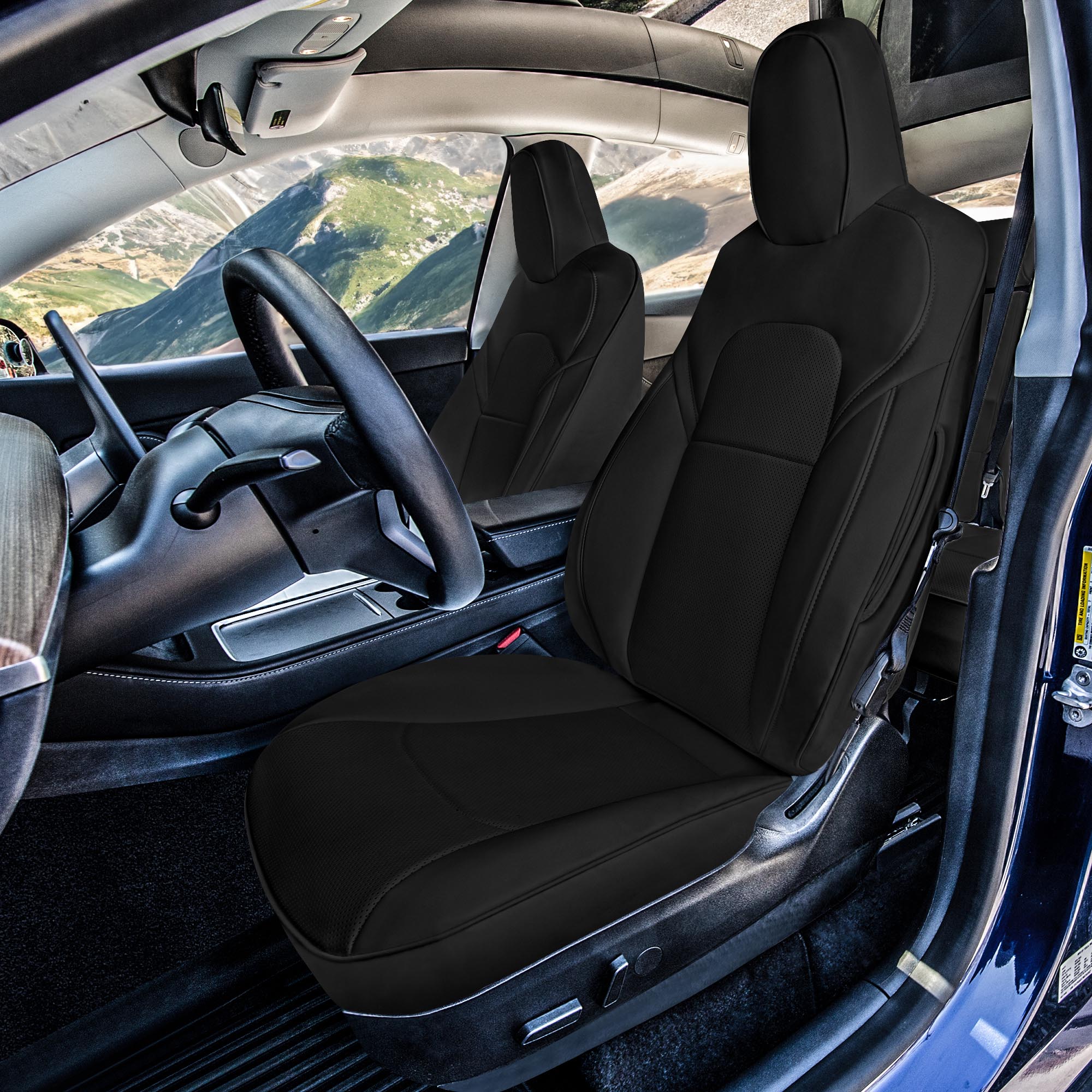 Tesla Model Y 2020 - 2022 - Front Set Seat Covers - Black Faux Leather