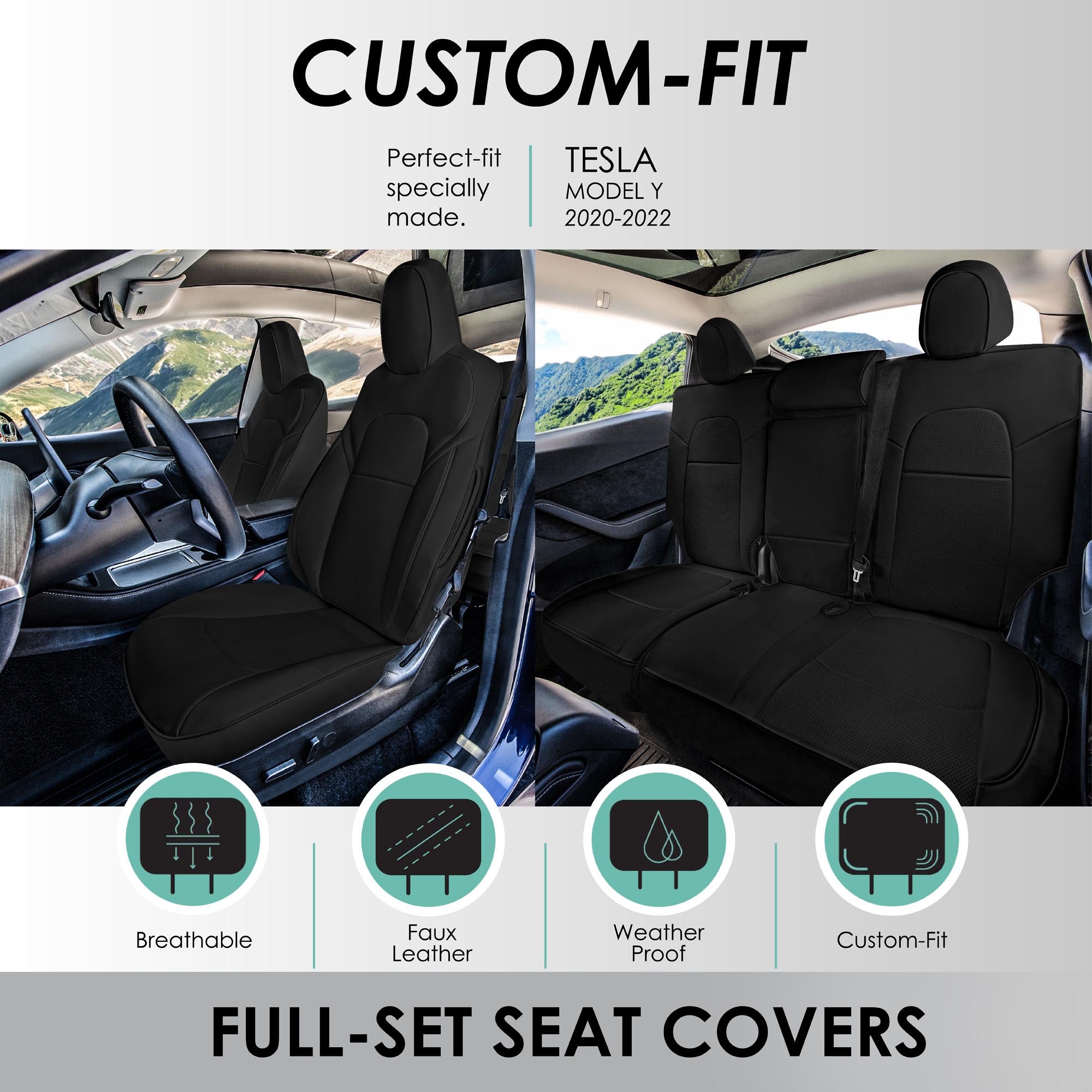 Tesla Model Y 2020 - 2024 - Full Set Seat Covers - Black Faux Leather