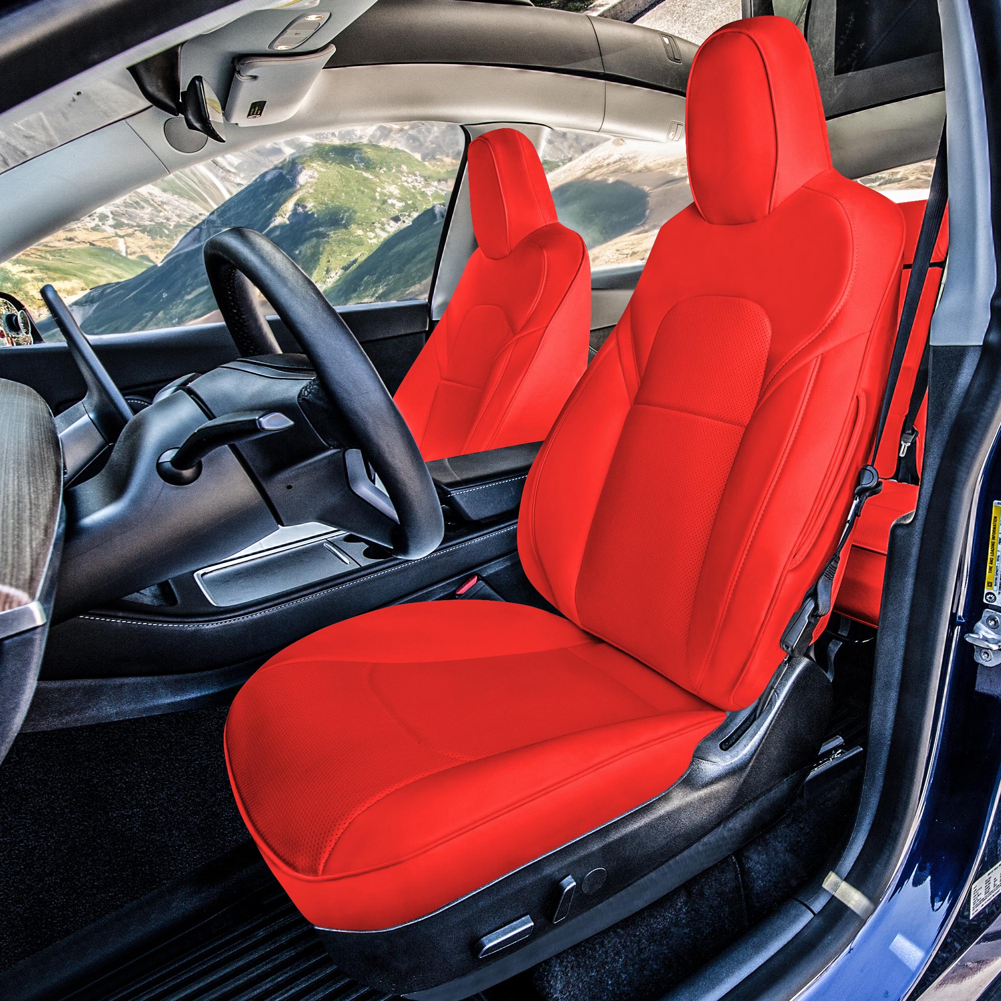 Tesla Model Y 2020 - 2022 - Front Set Seat Covers - Solid Red Faux Leather
