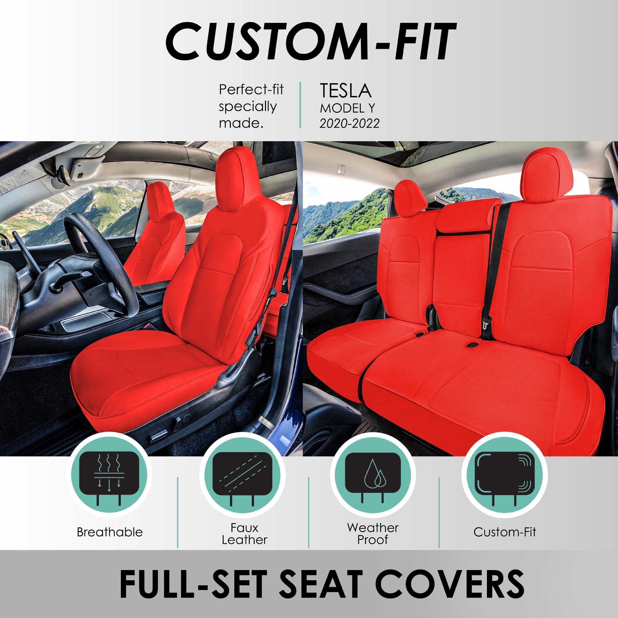 Tesla Model Y 2020 - 2024 - Full Set Seat Covers - Solid Red Faux Leather