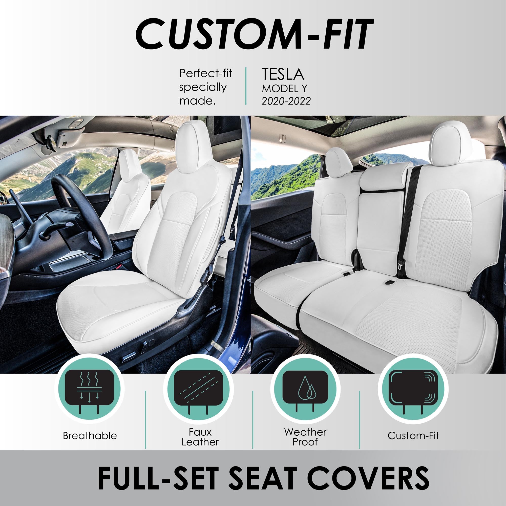Tesla Model Y 2020 - 2024 - Full Set Seat Covers - Solid White Faux Leather