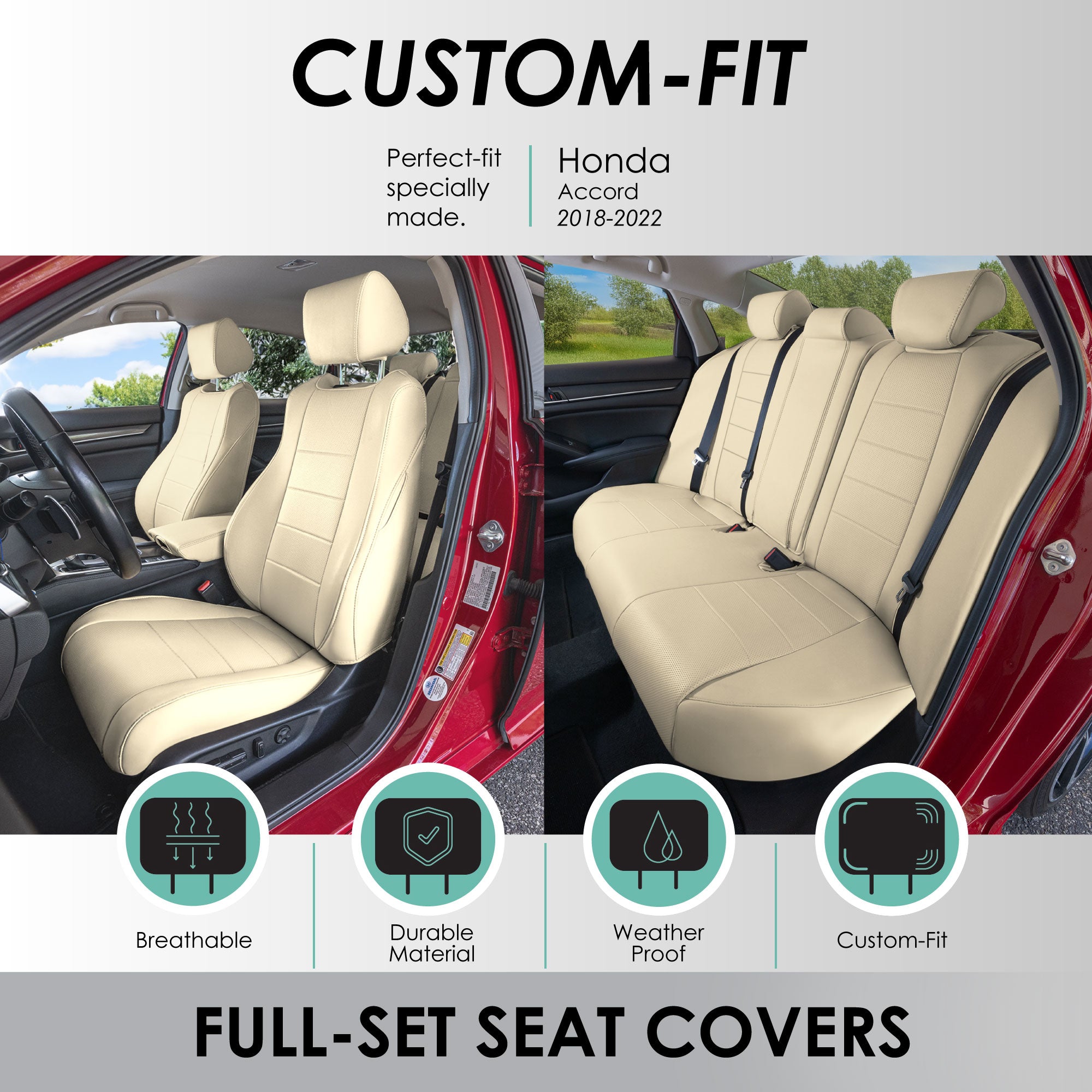 Honda Accord 2018 - 2022 LX | Sport Hybrid - Full Set Seat Covers - Beige Faux Leather