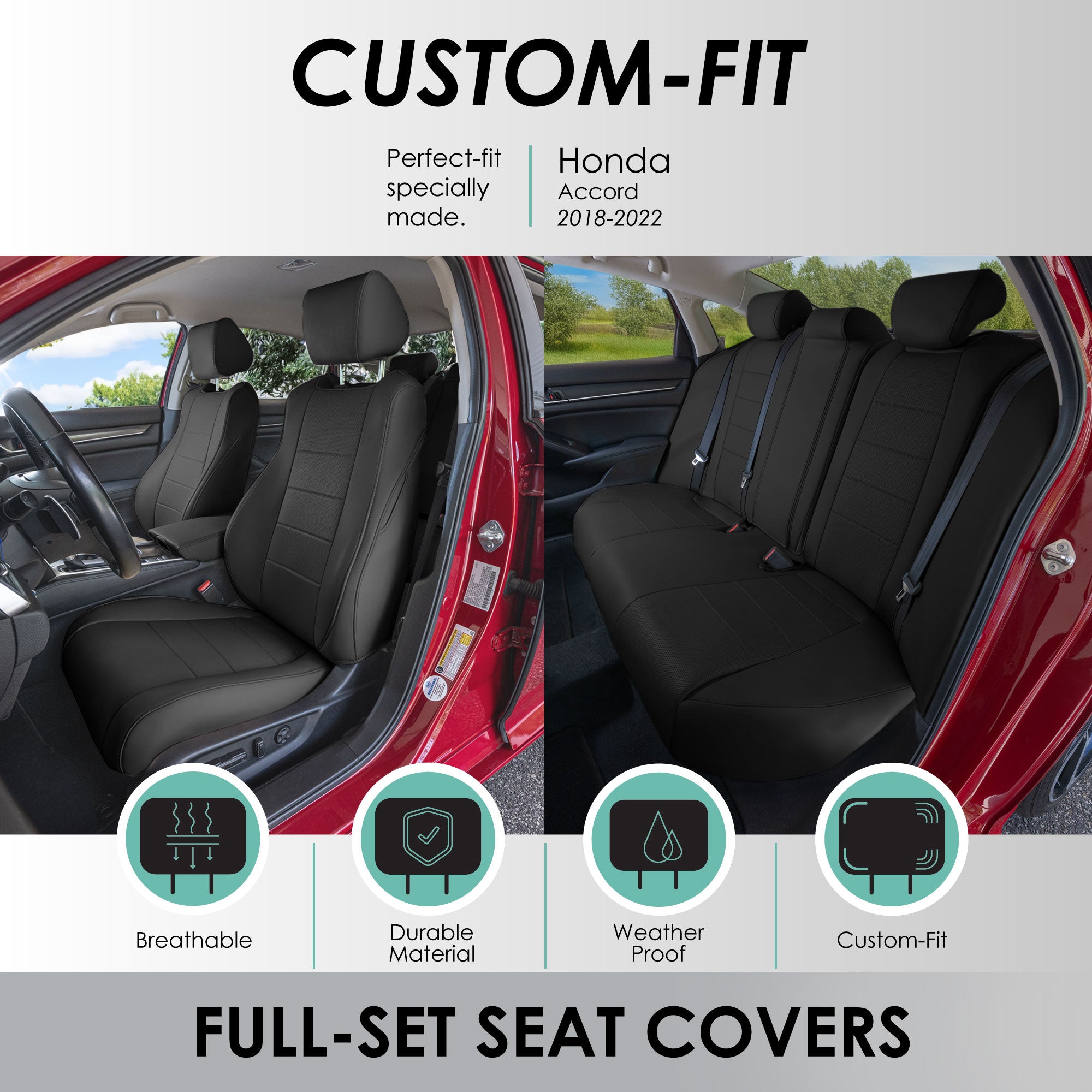 Honda Accord 2018 - 2022 LX | Sport Hybrid - Full Set Seat Covers - Black Faux Leather