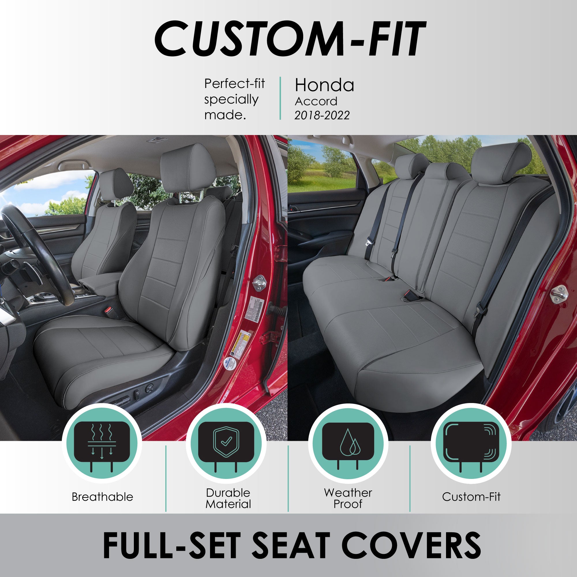 Honda Accord 2018 - 2022 LX | Sport Hybrid - Full Set Seat Covers - Gray Faux Leather