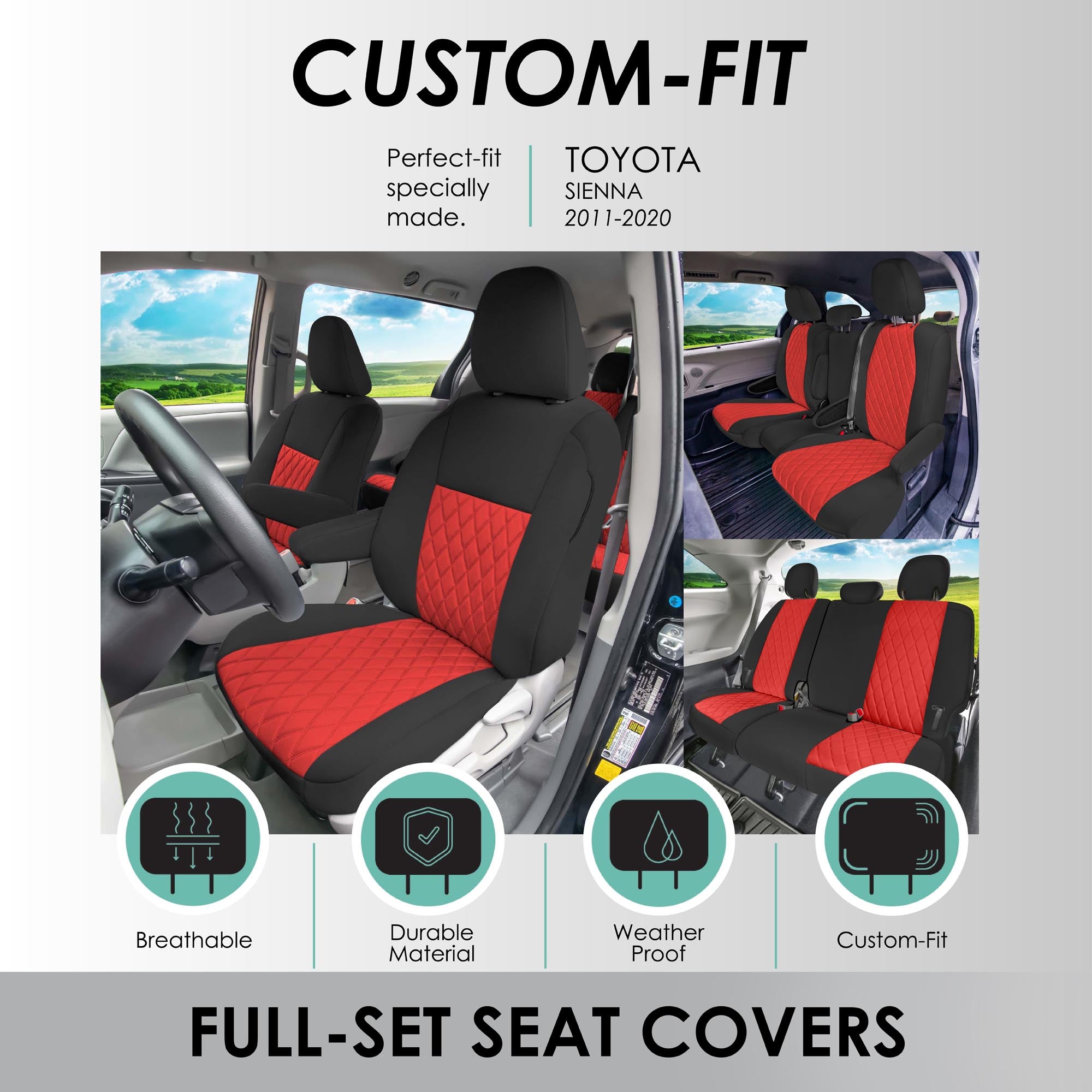 Toyota Sienna 8 Passenger 2011 - 2020 - Full Set Seat Covers - Red Ultraflex Neoprene