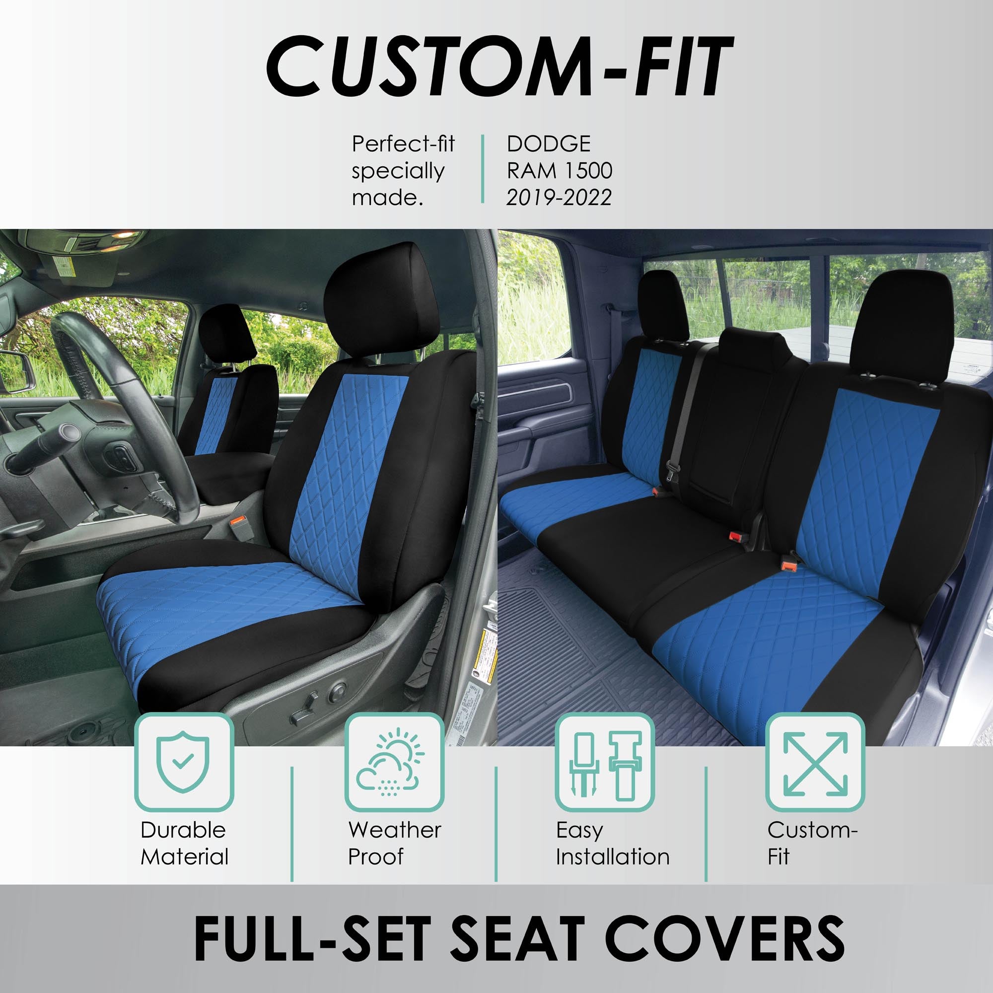 Ram 1500 2019-2024 - Full Set Seat Covers - Blue Ultraflex Neoprene