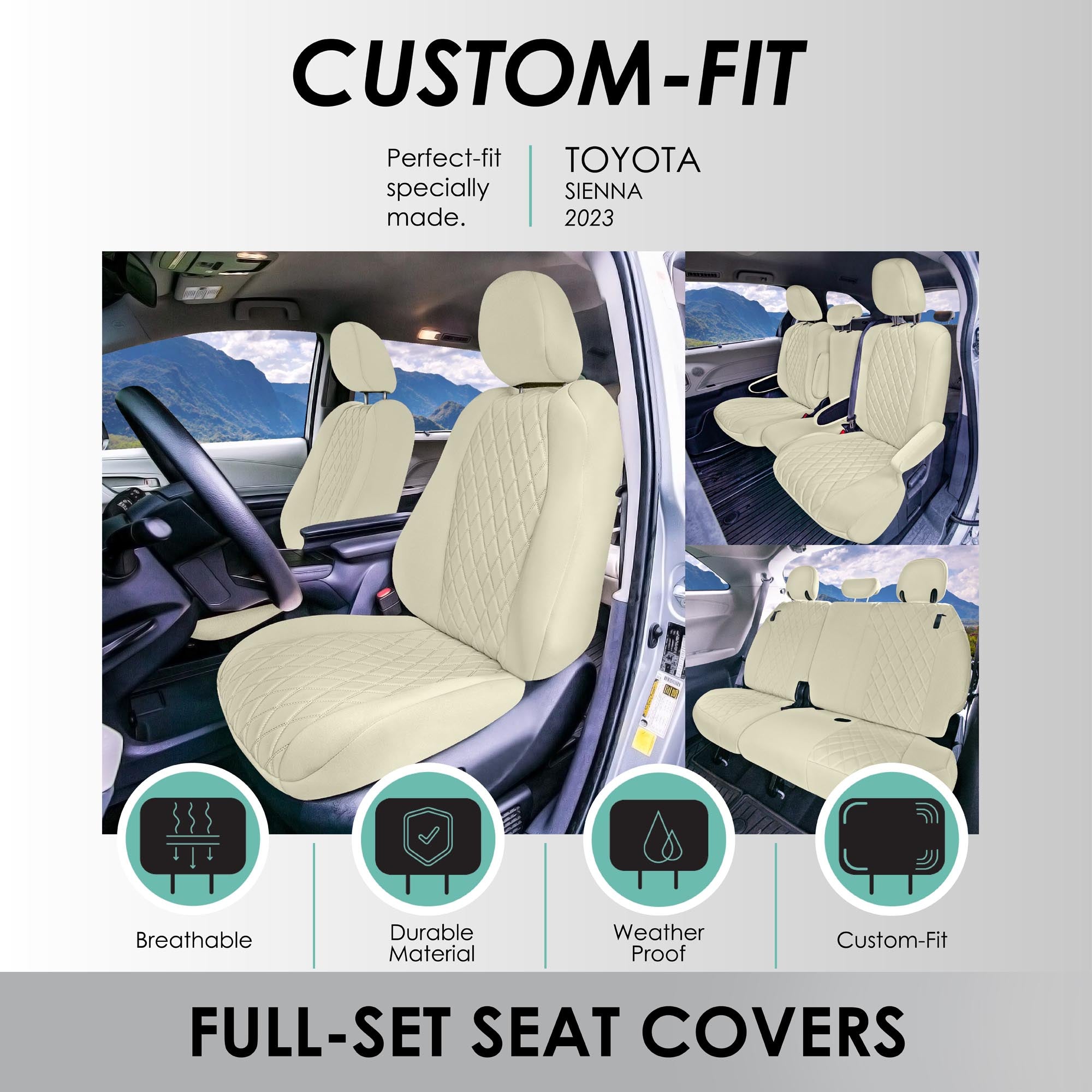 Toyota Sienna 8 Passenger - 2021 - 2024 - Full Set Seat Covers - Solid Beige Ultraflex Neoprene