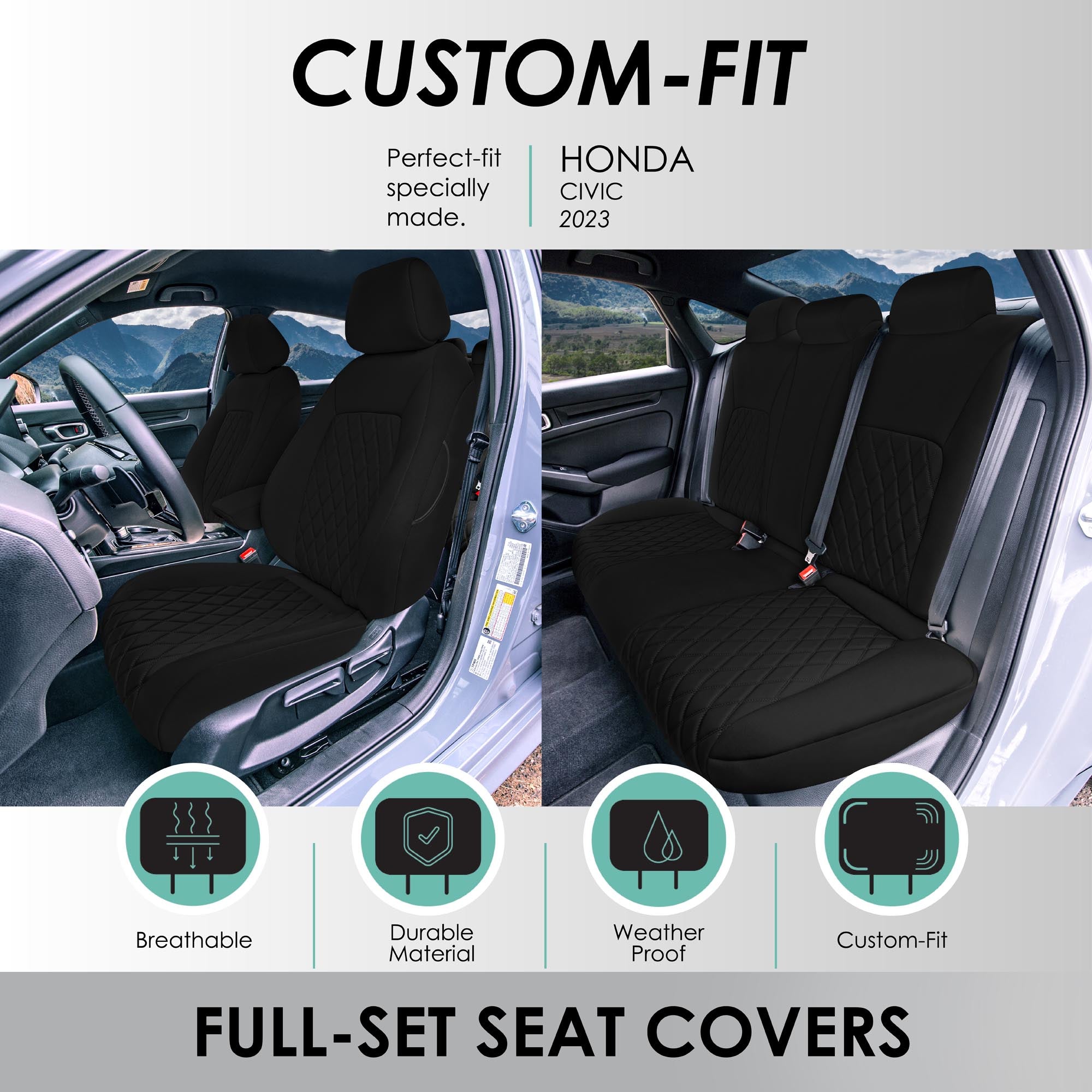 Honda Civic 2016 - 2025 Sedan Full Set Seat Covers (Solid Rear) - Black Ultraflex Neoprene