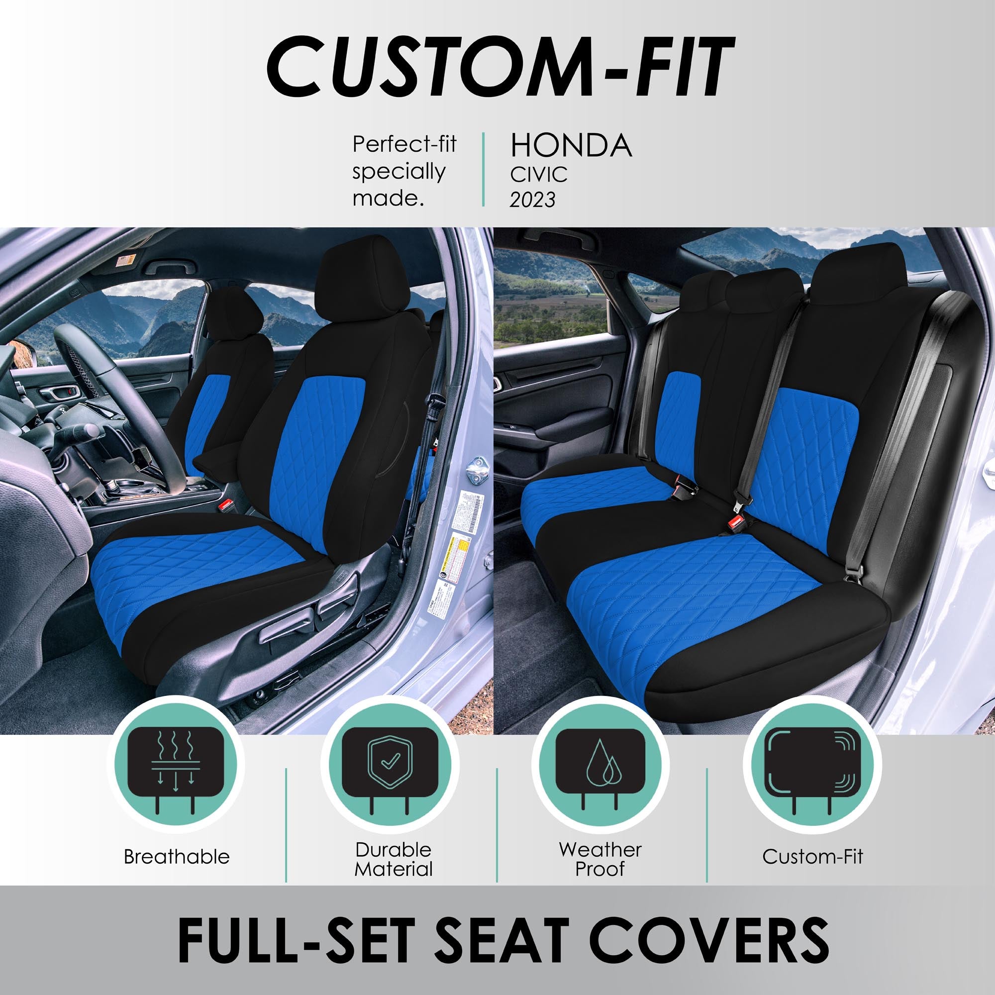 Honda Civic 2016 - 2025 Sedan Full Set Seat Covers (Solid Rear) - Blue Ultraflex Neoprene