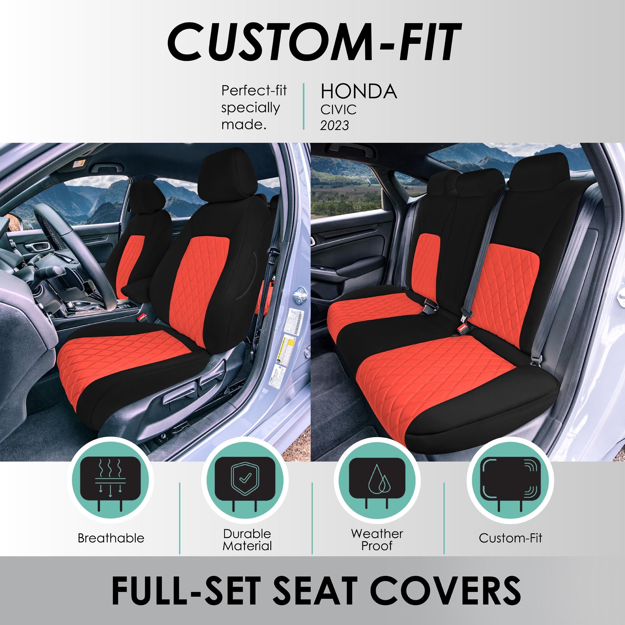 Honda Civic 2016 - 2025 Sedan Full Set Seat Covers (Split Rear) - Red Ultraflex Neoprene