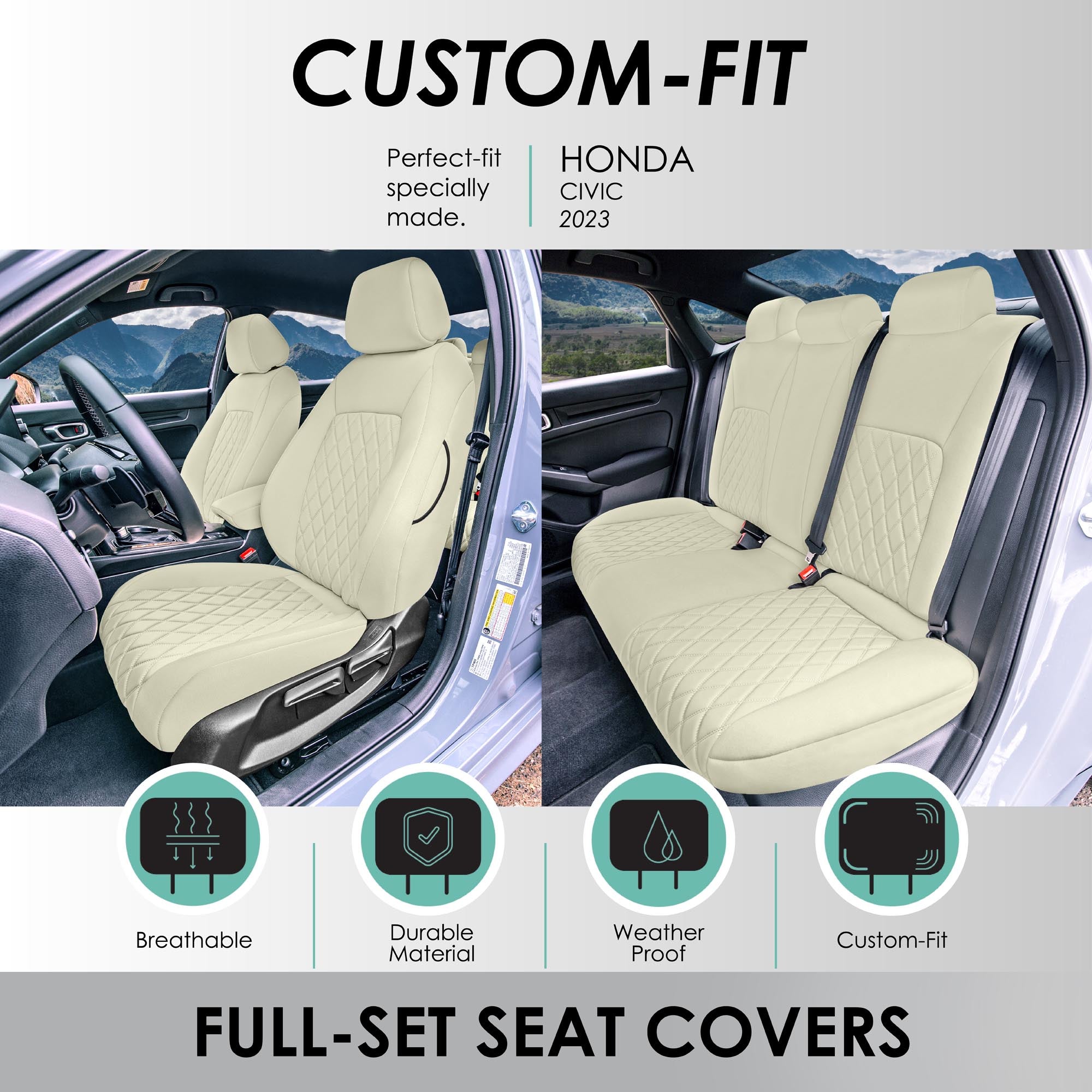 Honda Civic 2016 - 2025 Sedan Full Set Seat Covers (Solid Rear) - Solid Beige Ultraflex Neoprene