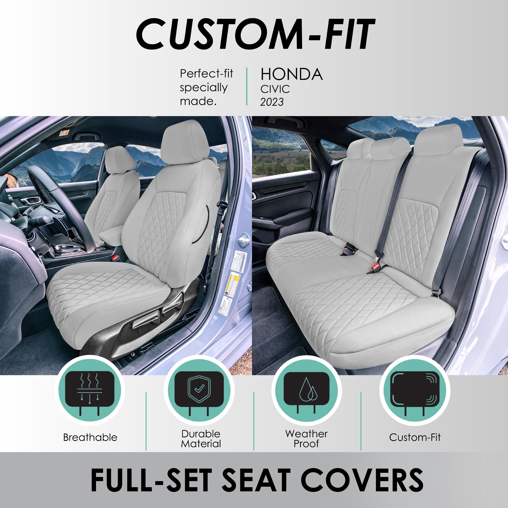 Honda Civic 2016 - 2025 Sedan Full Set Seat Covers (Split Rear) - Solid Gray Ultraflex Neoprene