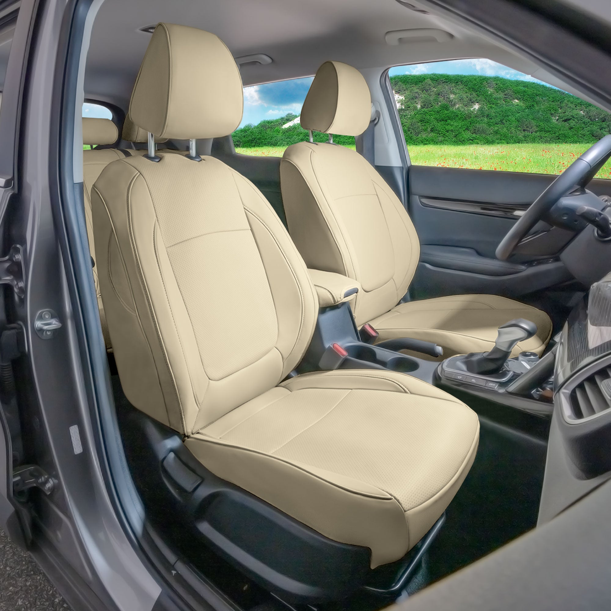 Kia Seltos - 2021 - 2024 - Front Set Seat Covers - Solid Beige Faux Leather