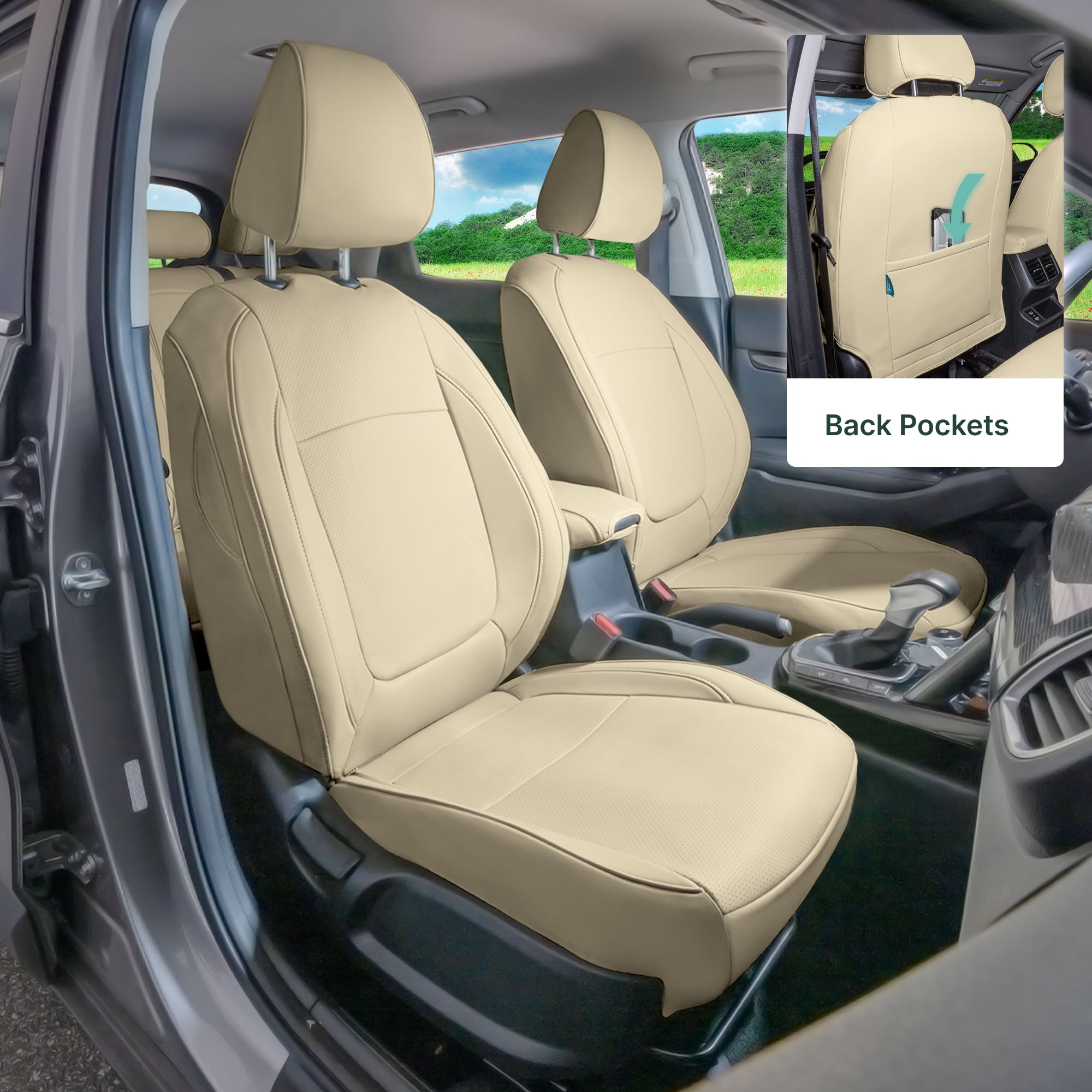 Kia Seltos - 2021 - 2024 - Full Set Seat Covers - Solid Beige Faux Leather