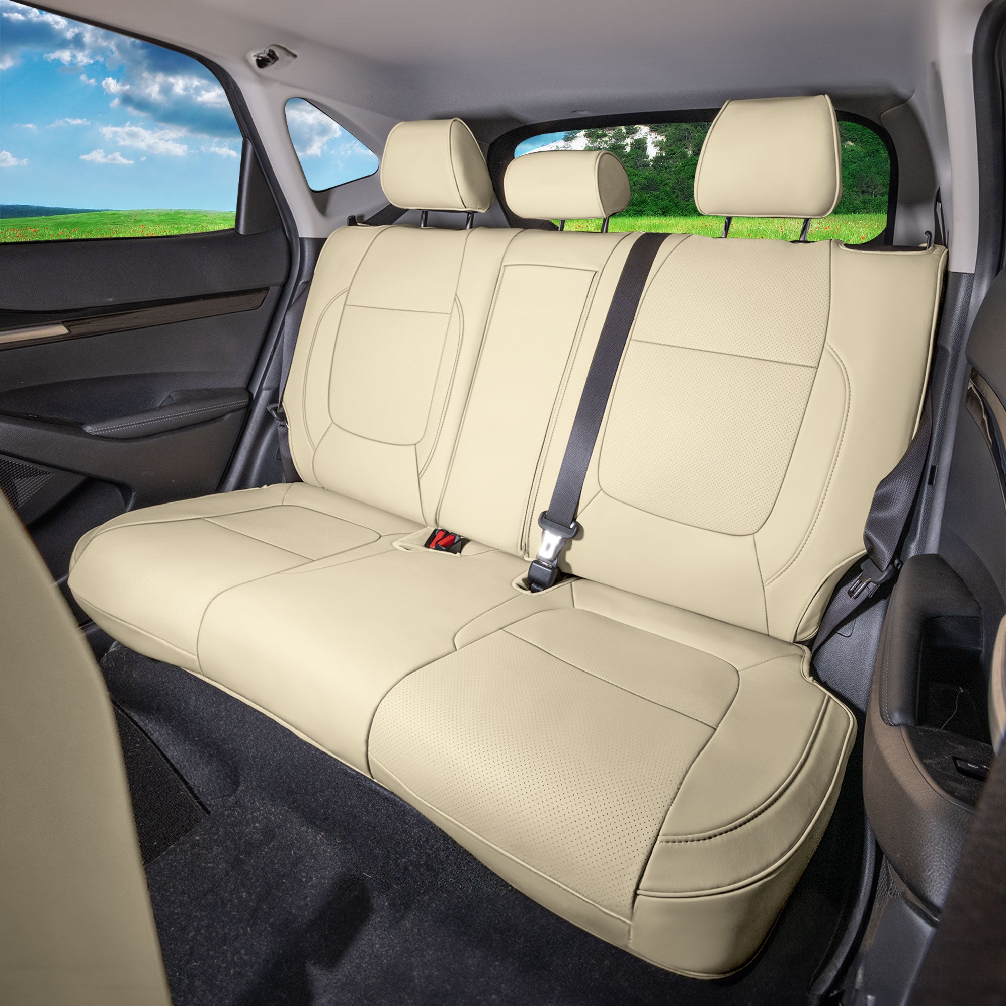 Kia Seltos - 2021 - 2024 - Rear Set Seat Covers - Solid Beige Faux Leather