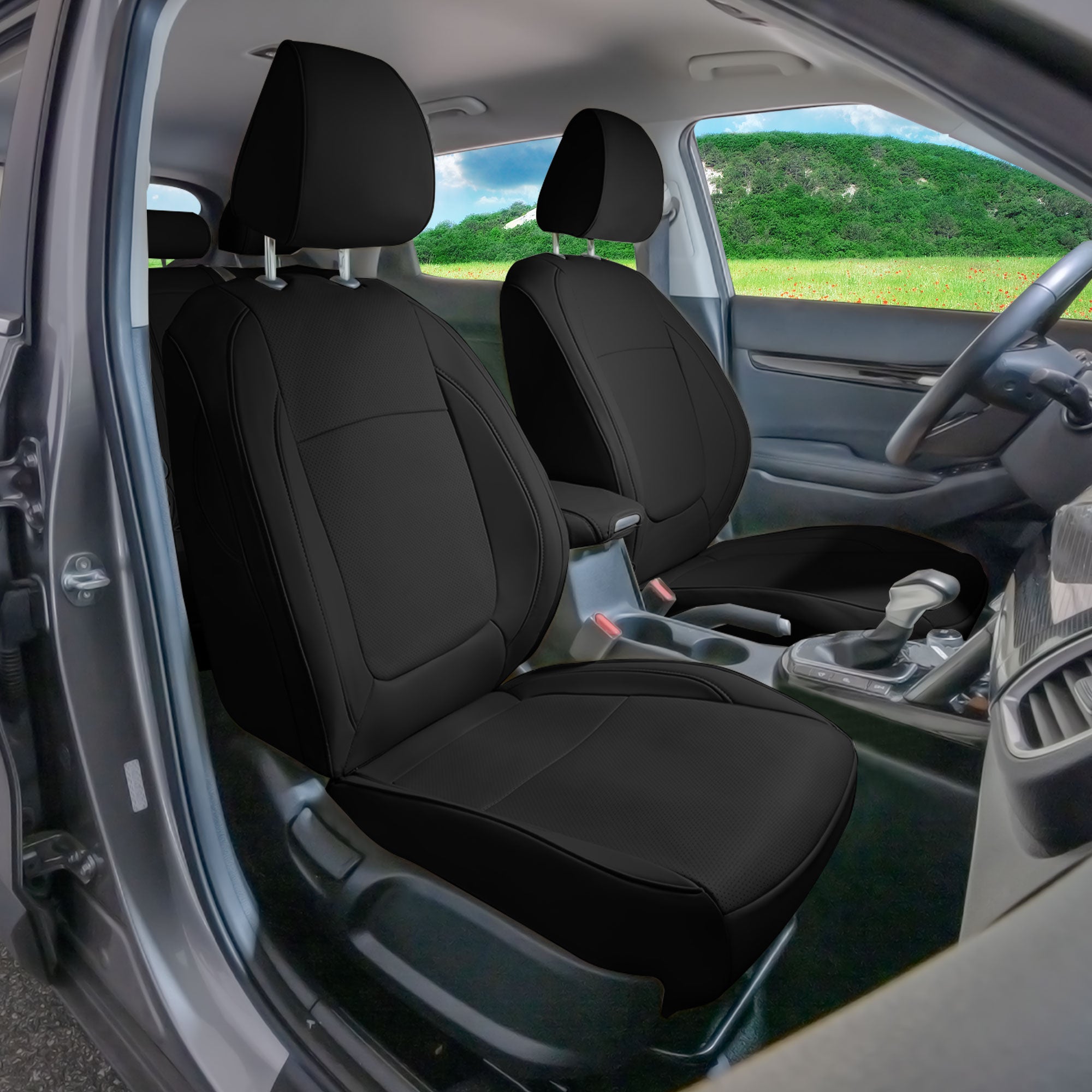 Kia Seltos - 2021 - 2024 - Front Set Seat Covers - Black Faux Leather
