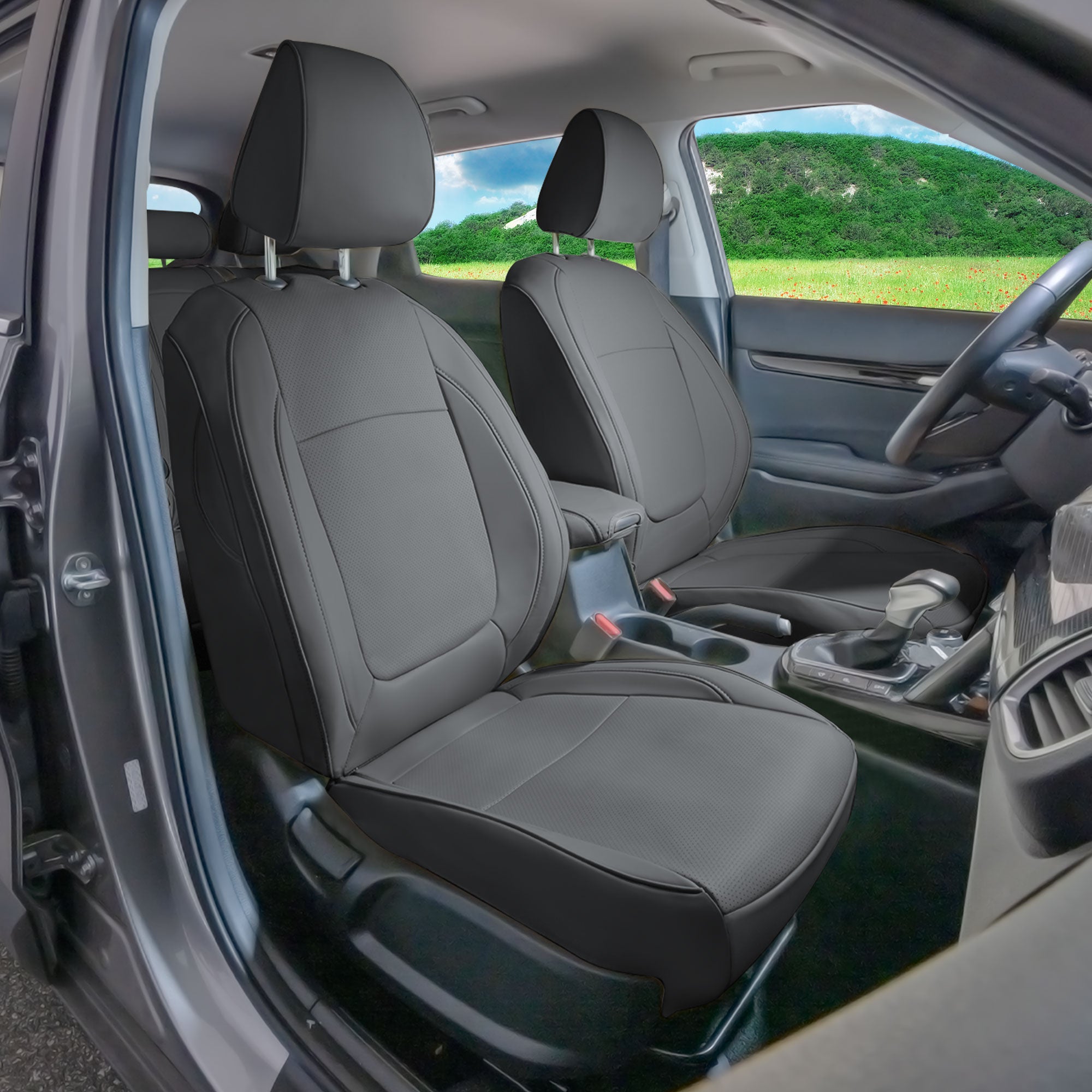 Kia Seltos - 2021 - 2024 - Front Set Seat Covers - Solid Gray Faux Leather