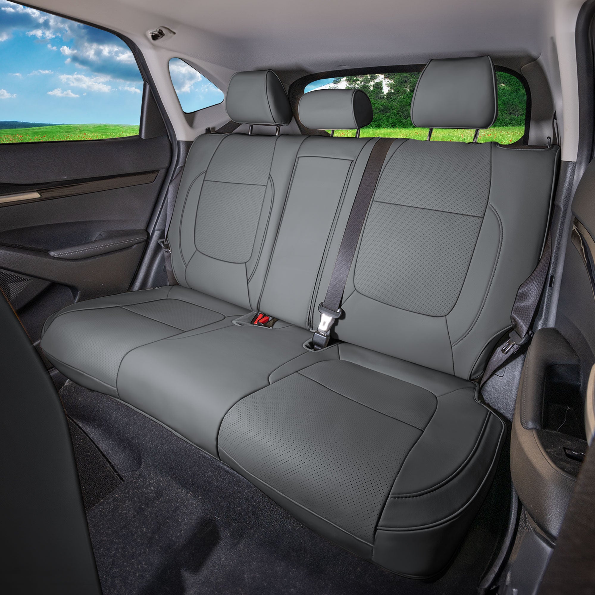 Kia Seltos - 2021 - 2024 - Rear Set Seat Covers - Solid Gray Faux Leather