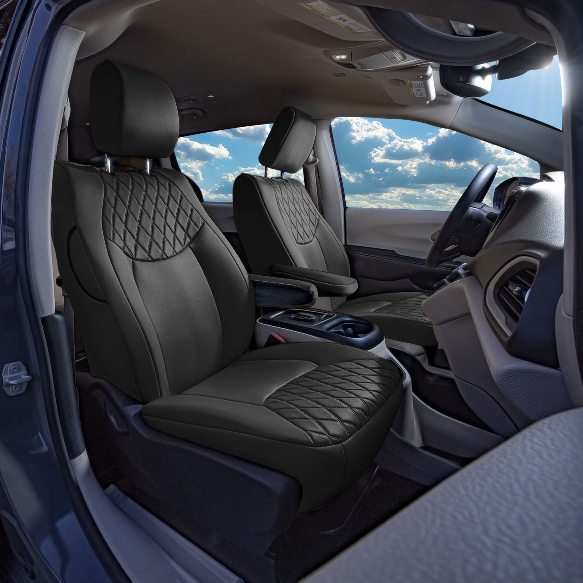 Chrysler Pacifica - 2017 - 2024 - Front Set Seat Covers - Black Ultraflex Neoprene (DVD access included, no armrest)