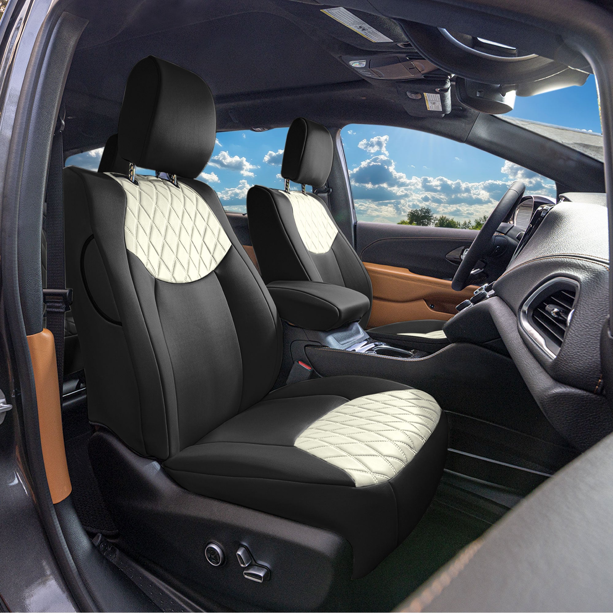 Chrysler Pacifica - 2017 - 2024 - Front Set Seat Covers - Beige Ultraflex Neoprene (DVD access & armrest included)