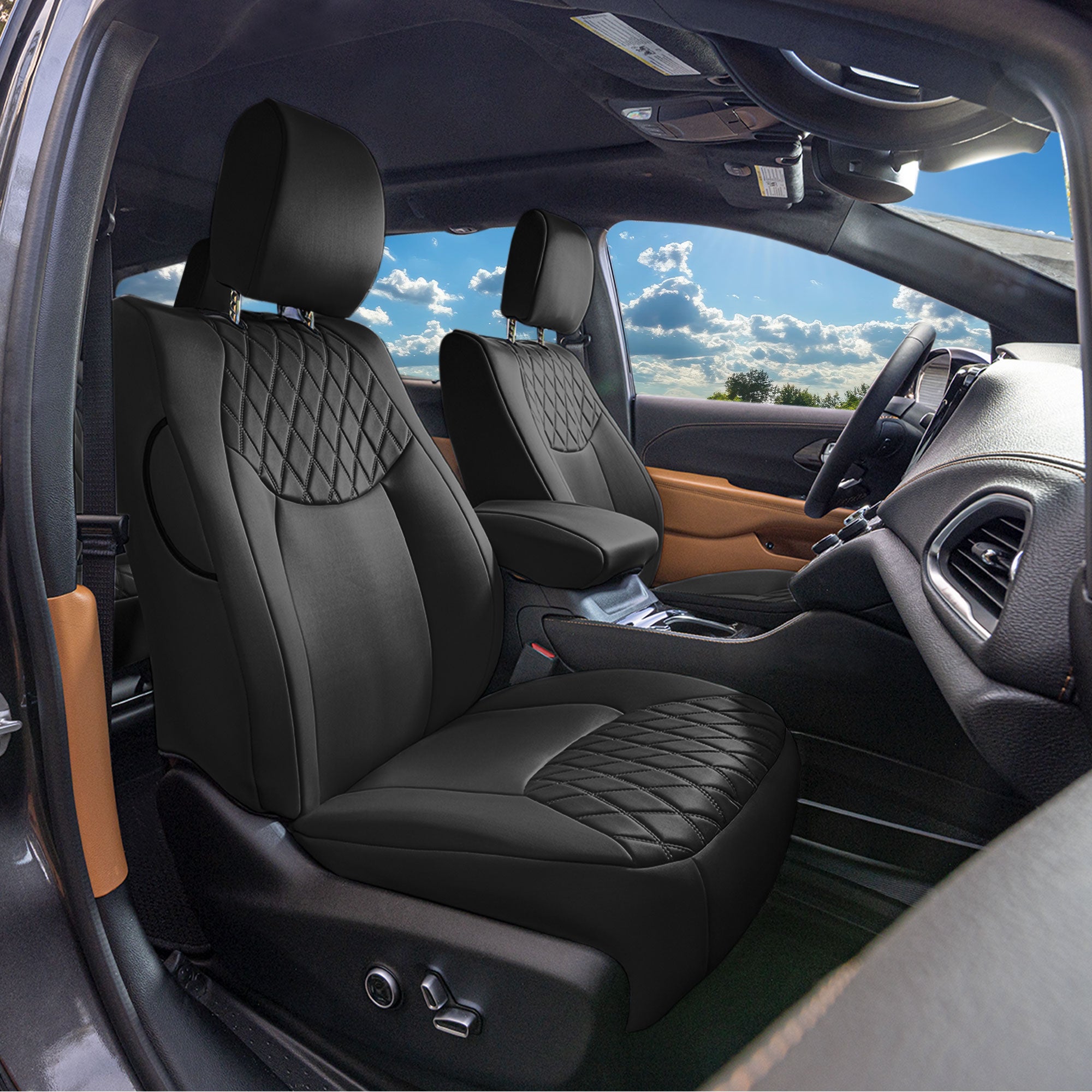 Chrysler Pacifica - 2017 - 2024 - Front Set Seat Covers - Black Ultraflex Neoprene (DVD access & armrest included)