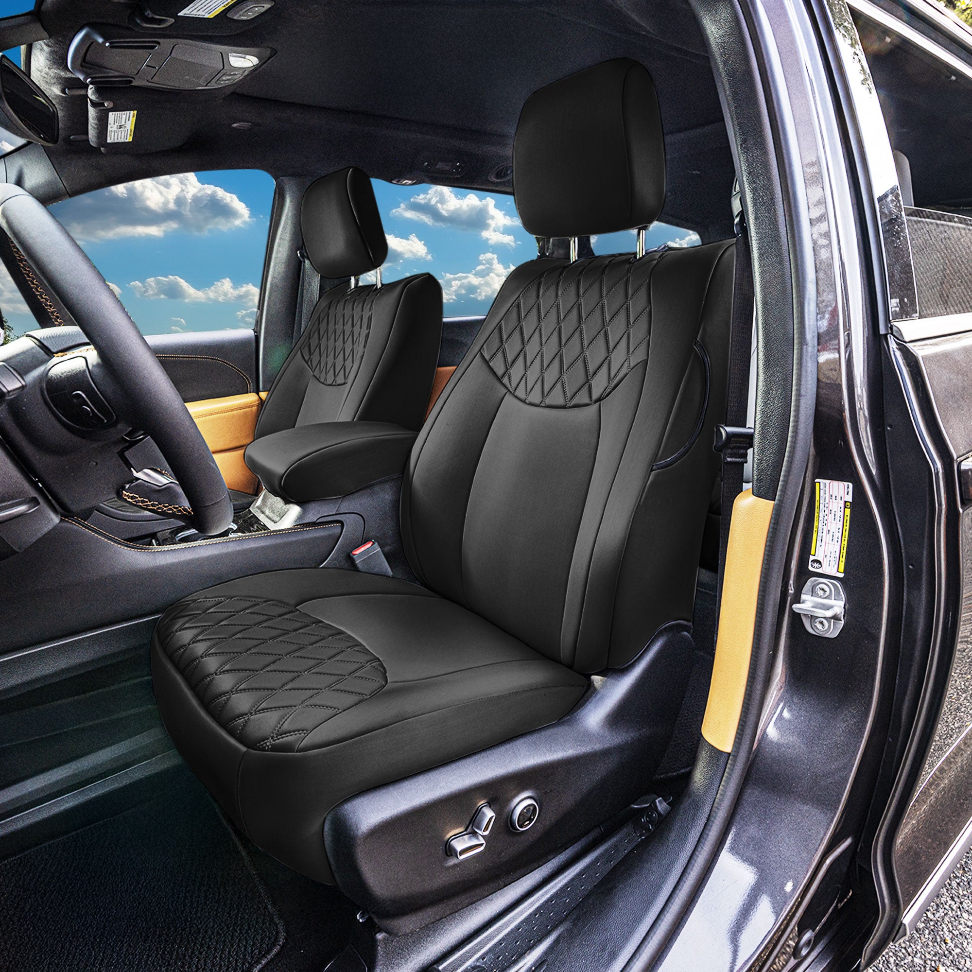 Chrysler Pacifica - 2017 - 2024 - Front Set Seat Covers - Black Ultraflex Neoprene (DVD access included, no armrest)