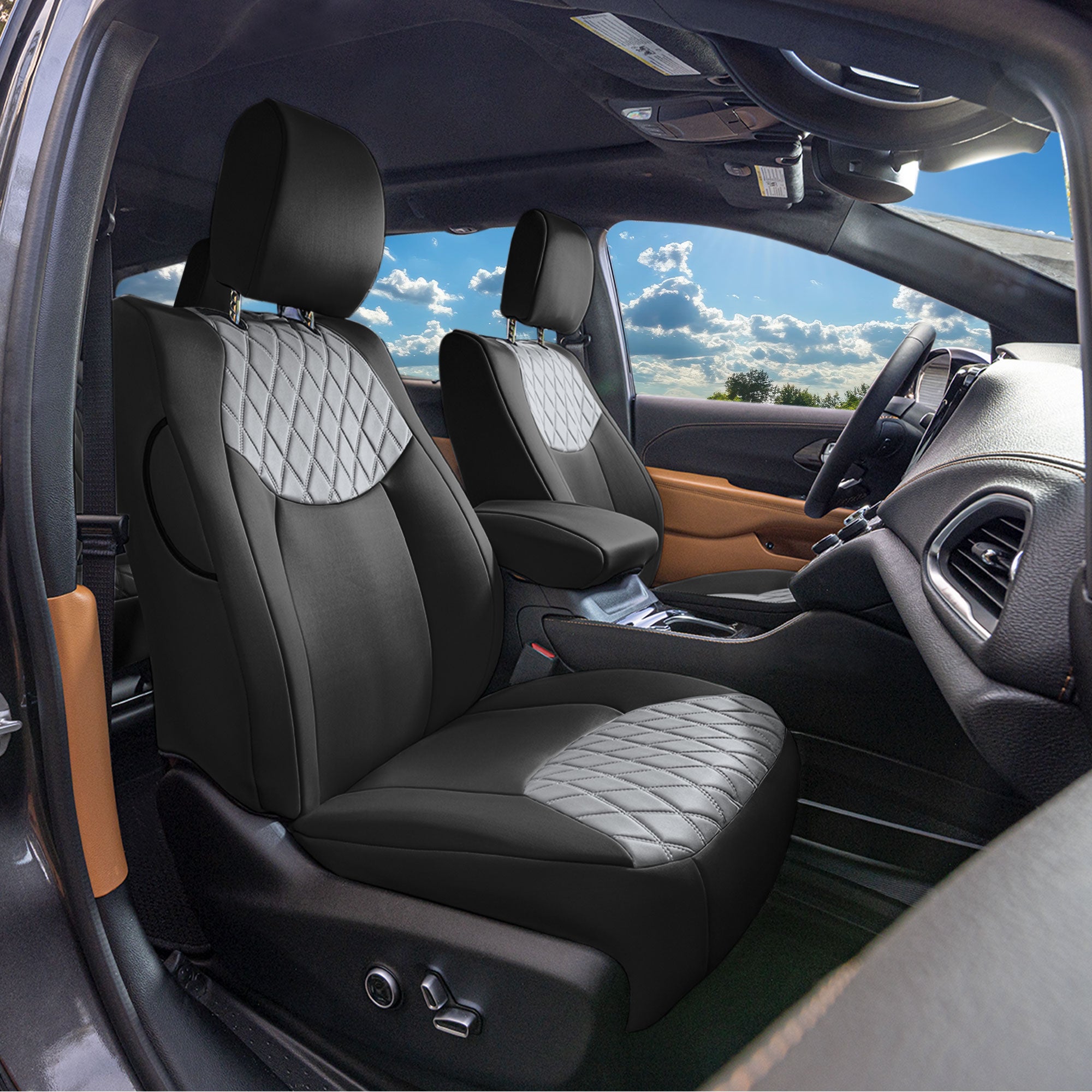 Chrysler Pacifica - 2017 - 2024 - Front Set Seat Covers - Gray Ultraflex Neoprene (DVD access & armrest included)
