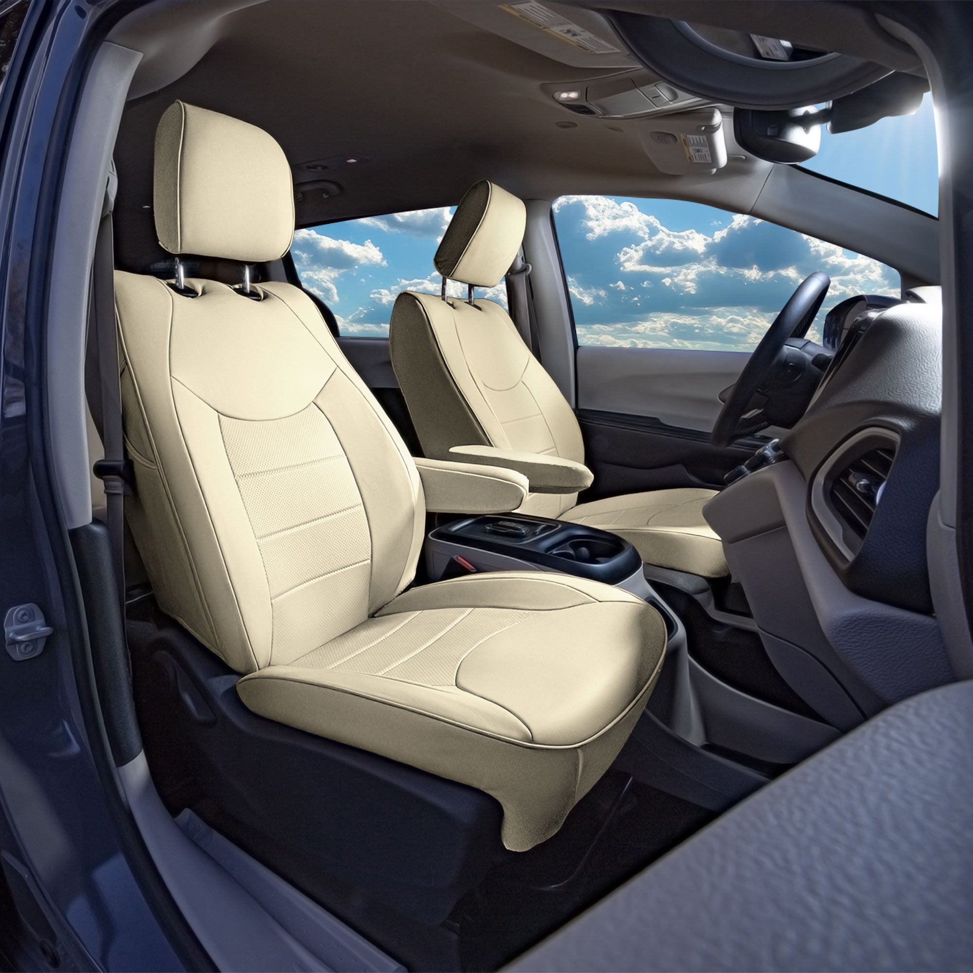 Chrysler Pacifica - 2017 - 2024 - Front Set Seat Covers - Beige Faux Leather (no DVD access, armrest included)