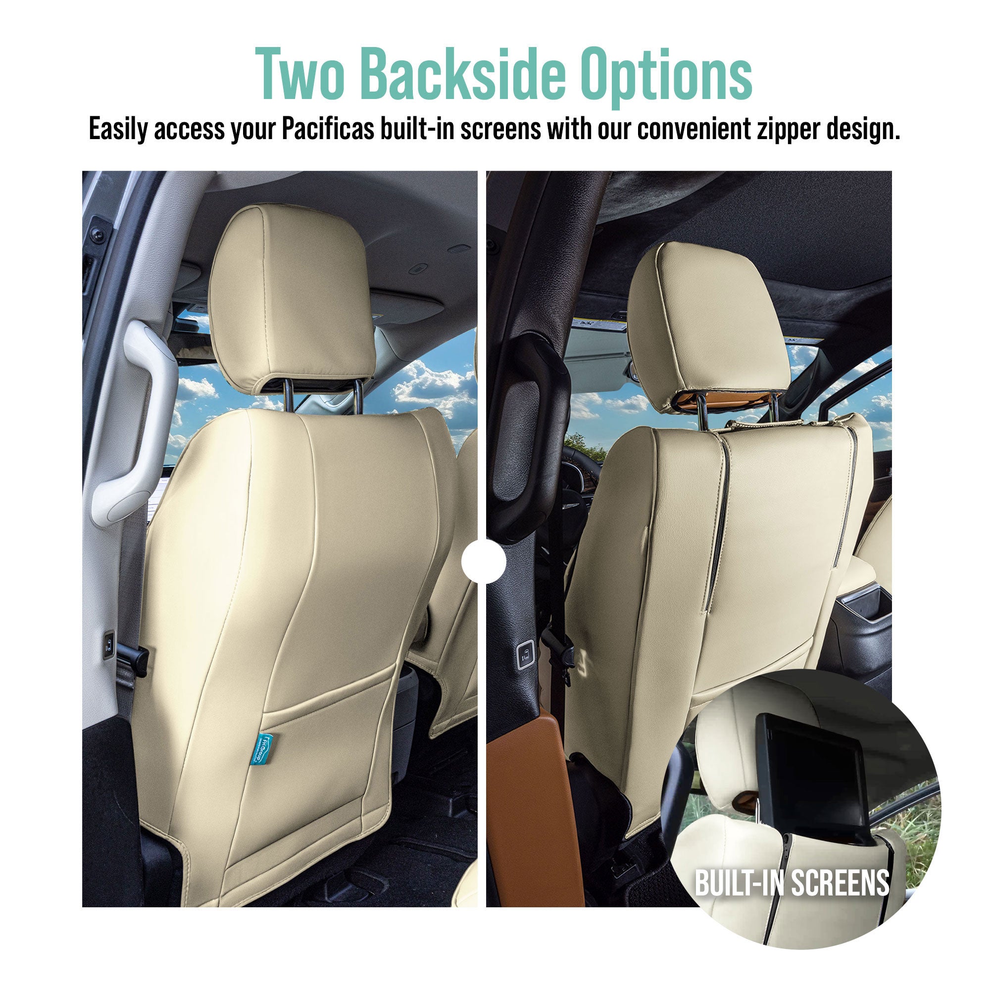 Chrysler Pacifica - 2017 - 2024 - Front Set Seat Covers - Beige Faux Leather (no DVD access, armrest included)