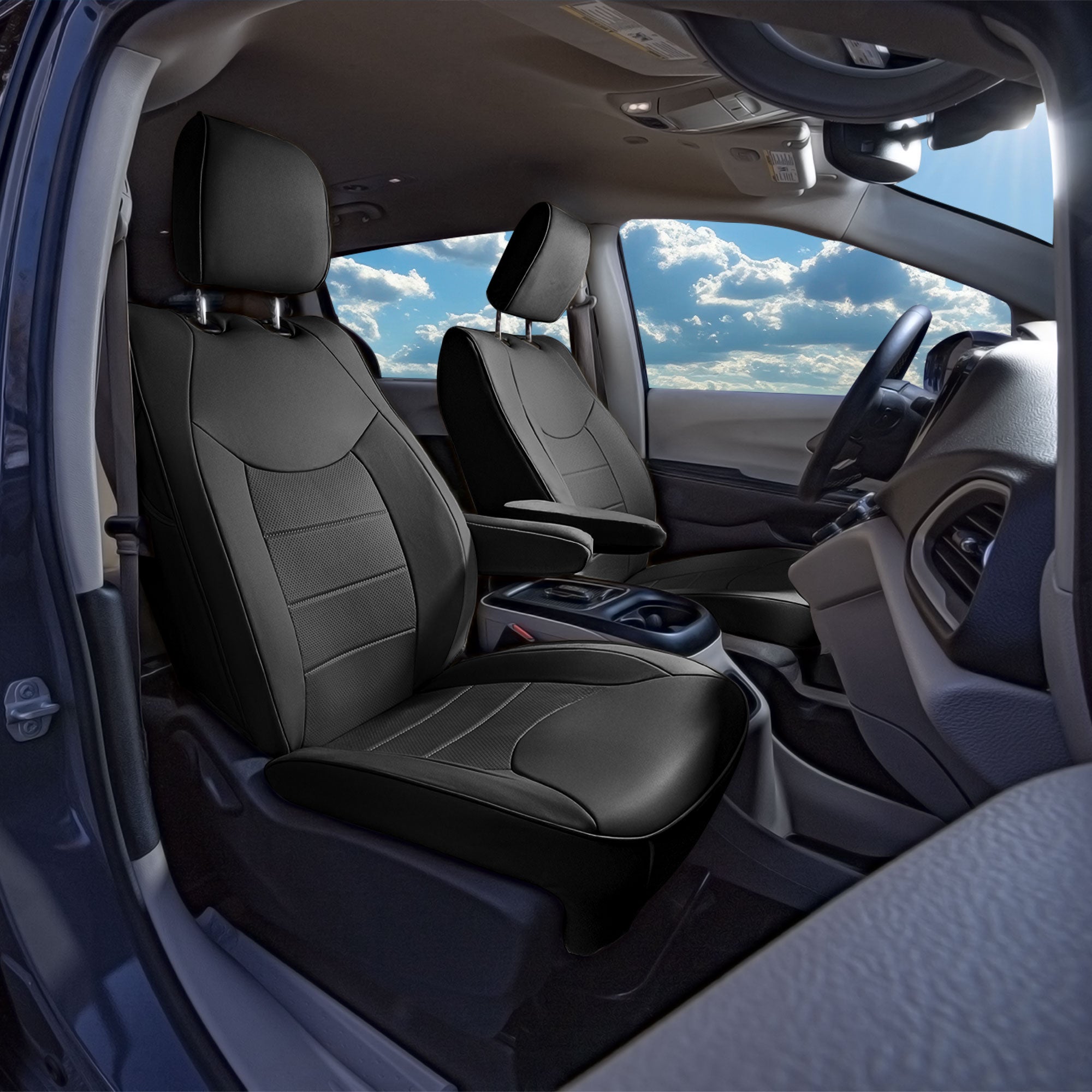 Chrysler Pacifica - 2017 - 2024 - Front Set Seat Covers - Black Faux Leather (DVD access included, no armrest)