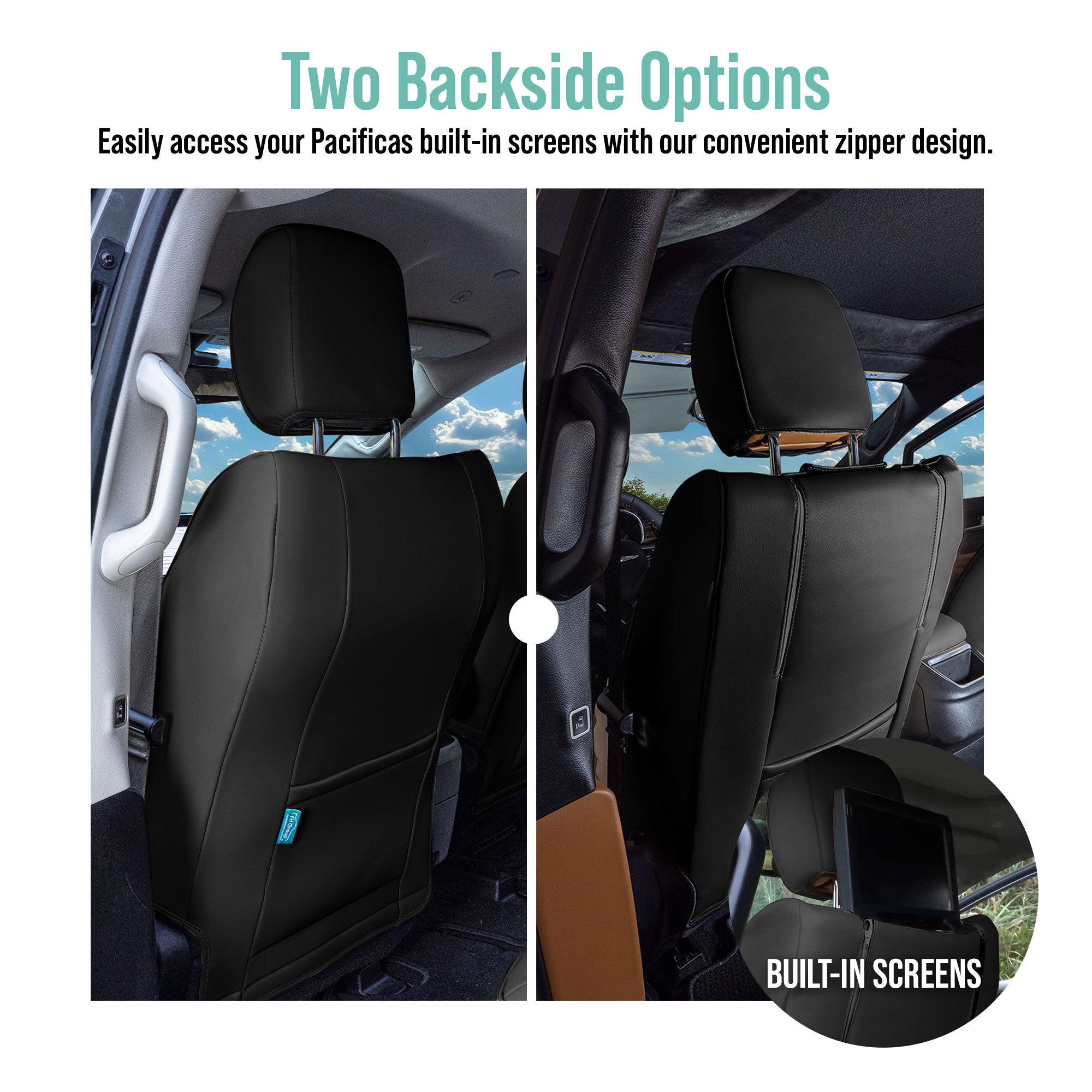 Chrysler Pacifica - 2017 - 2024 - Front Set Seat Covers - Black Faux Leather (DVD access included, no armrest)