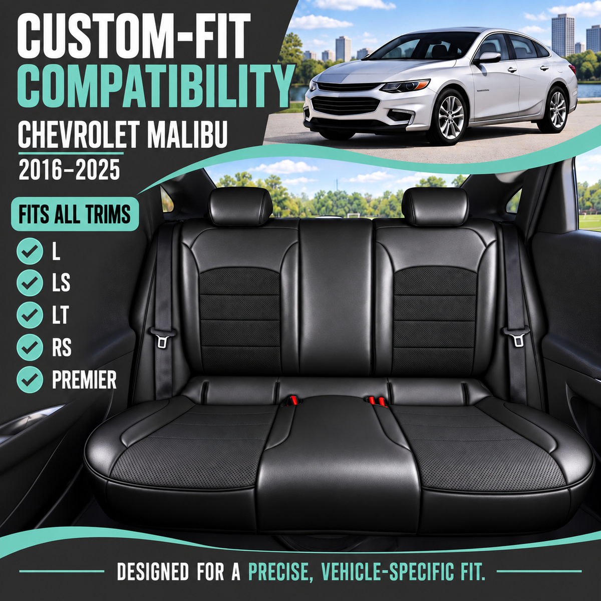 Chevrolet Malibu 2016-2025 - Rear Set Seat Covers - Black Faux Leather