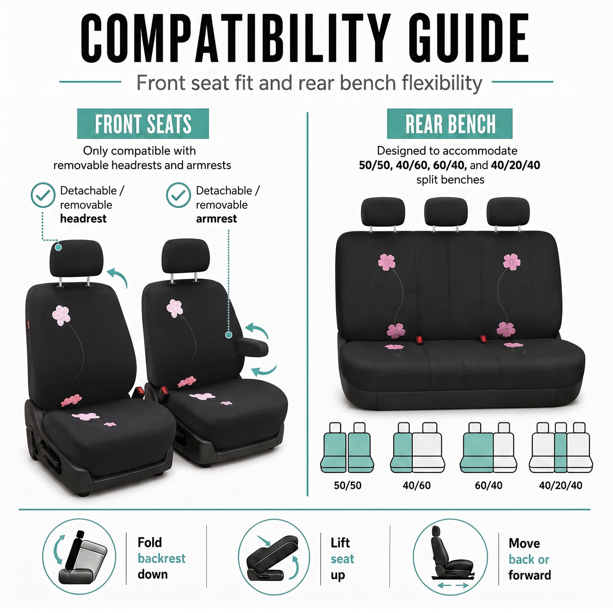 Floral Seat Covers - Full Set Black