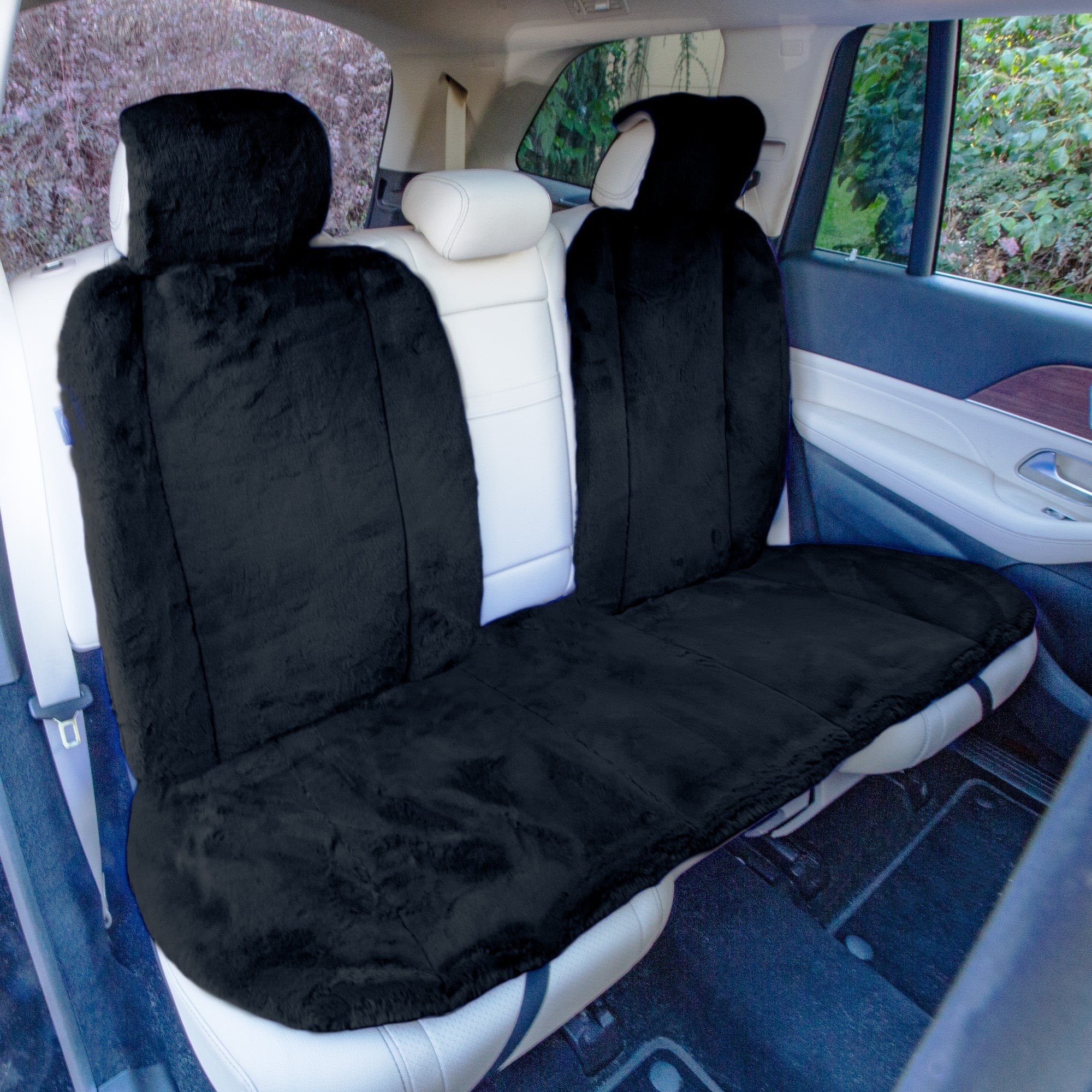 Doe16 Faux Rabbit Fur Car Seat Cushions - Rear Set Black