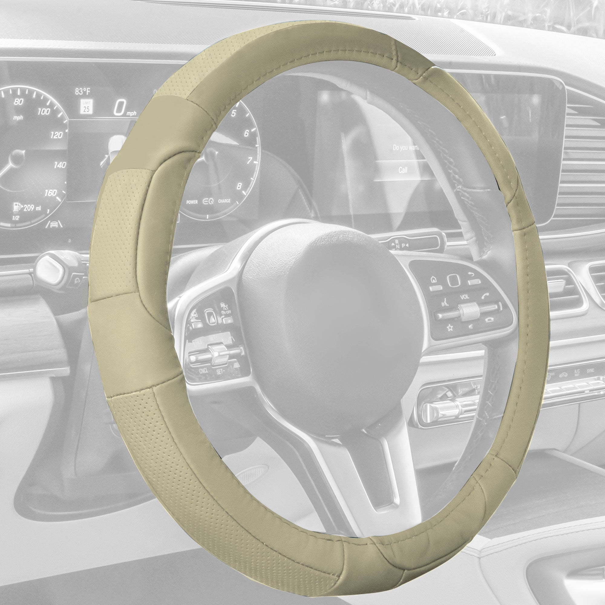 Deluxe Full Grain Authentic Leather Steering Wheel Cover Solid Beige