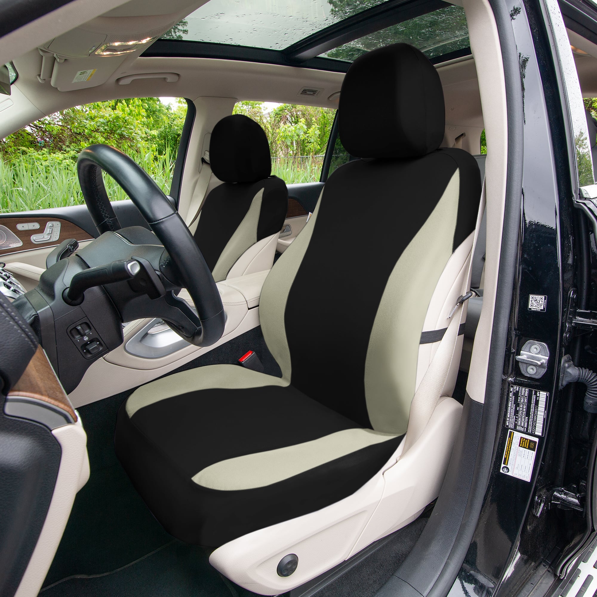 TLH Classic Flat Cloth Car Seat Covers Full Set - Beige / Black