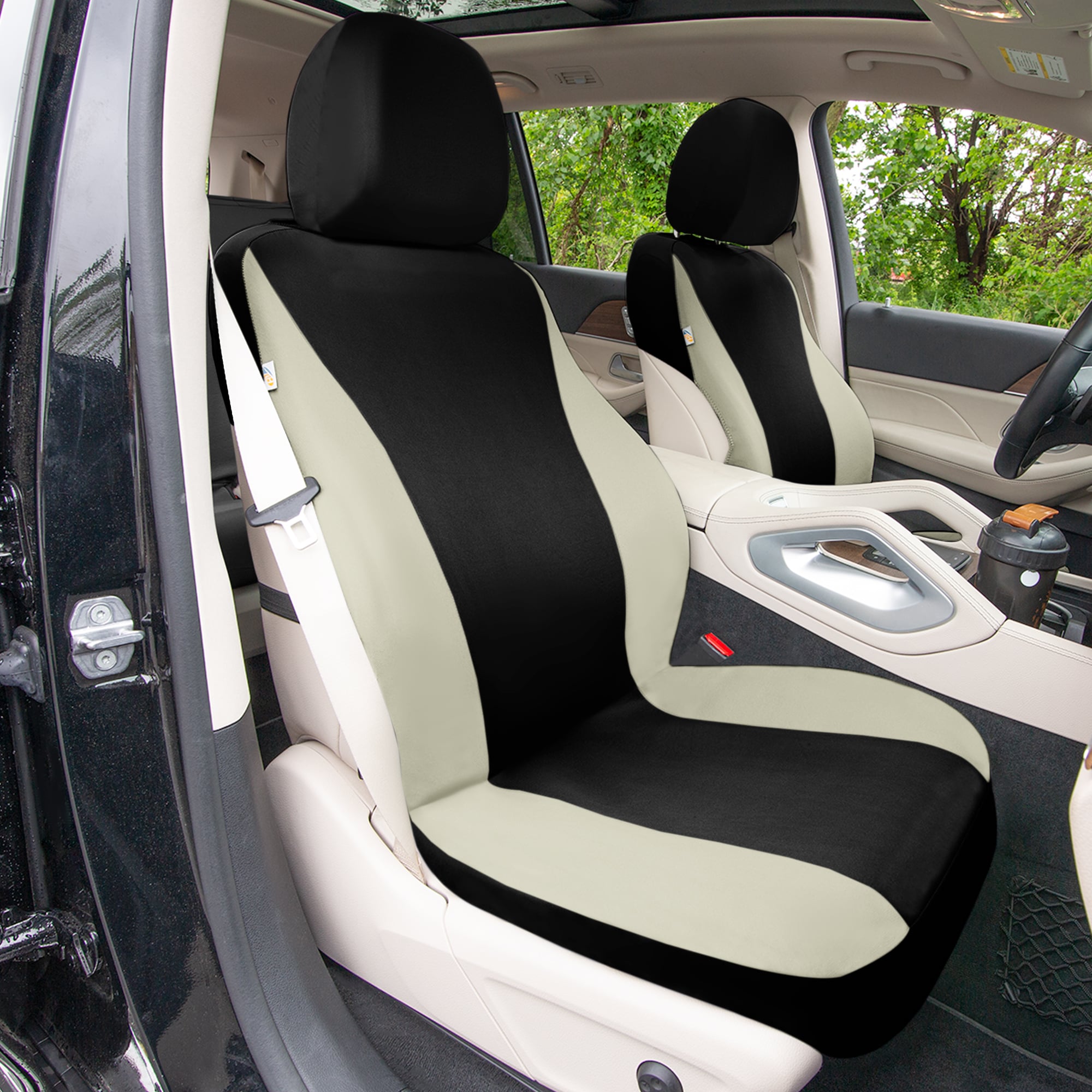 TLH Classic Flat Cloth Car Seat Covers Full Set - Beige / Black