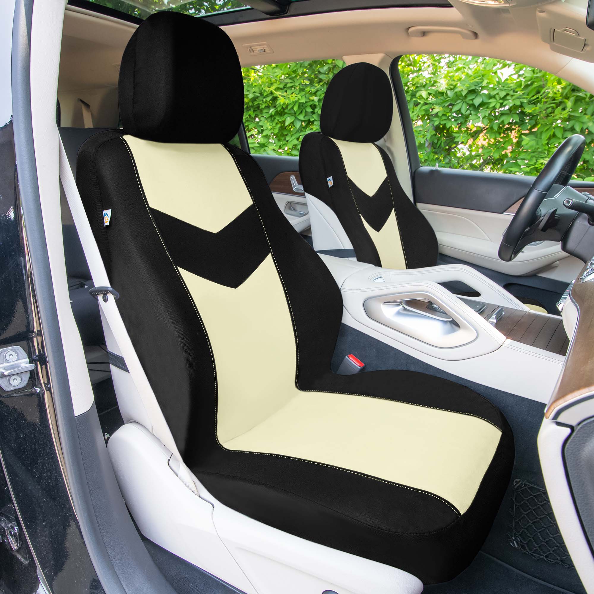 Chevron Flat Cloth Car Seat Covers Full Set - Beige