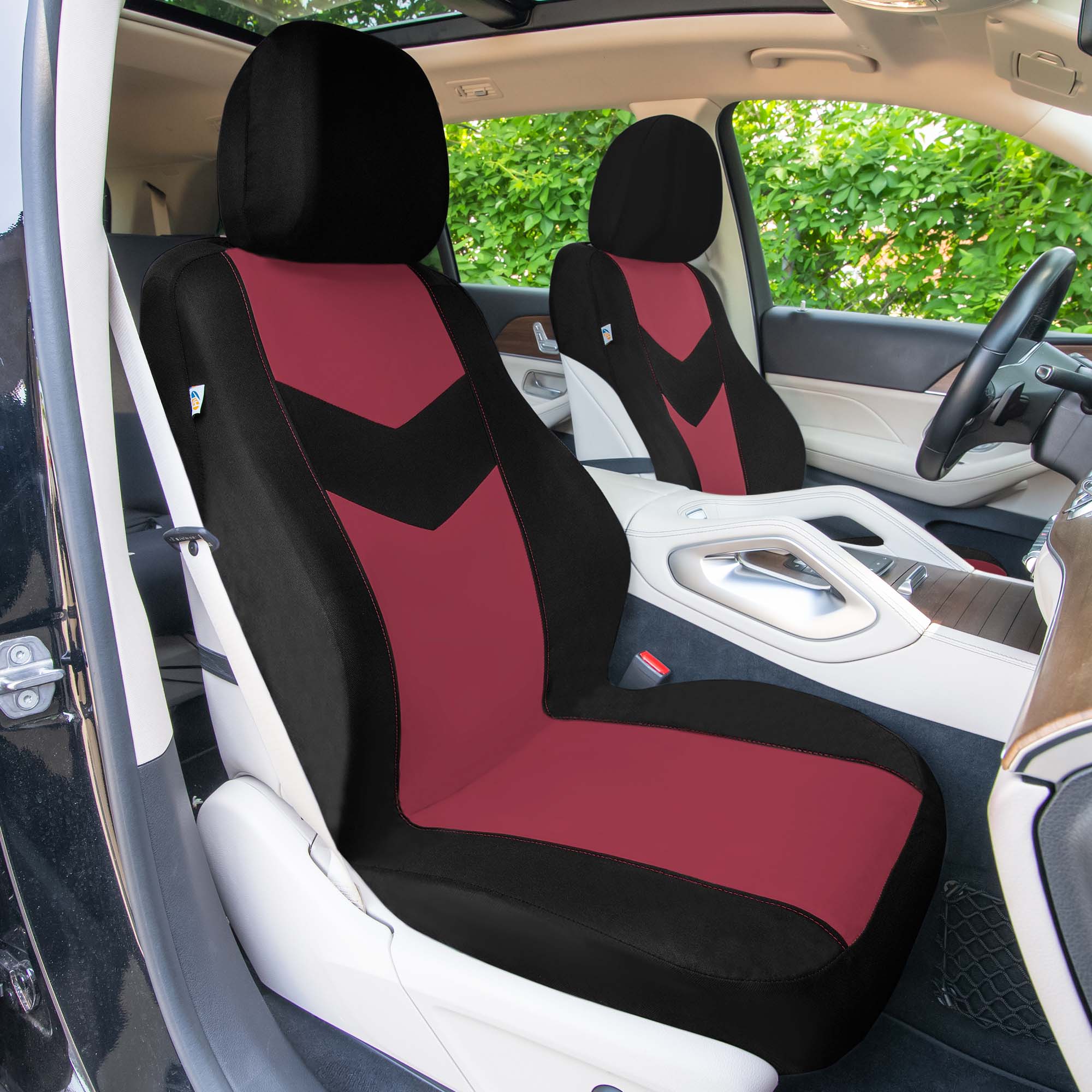 Chevron Flat Cloth Car Seat Covers Full Set - Burgundy
