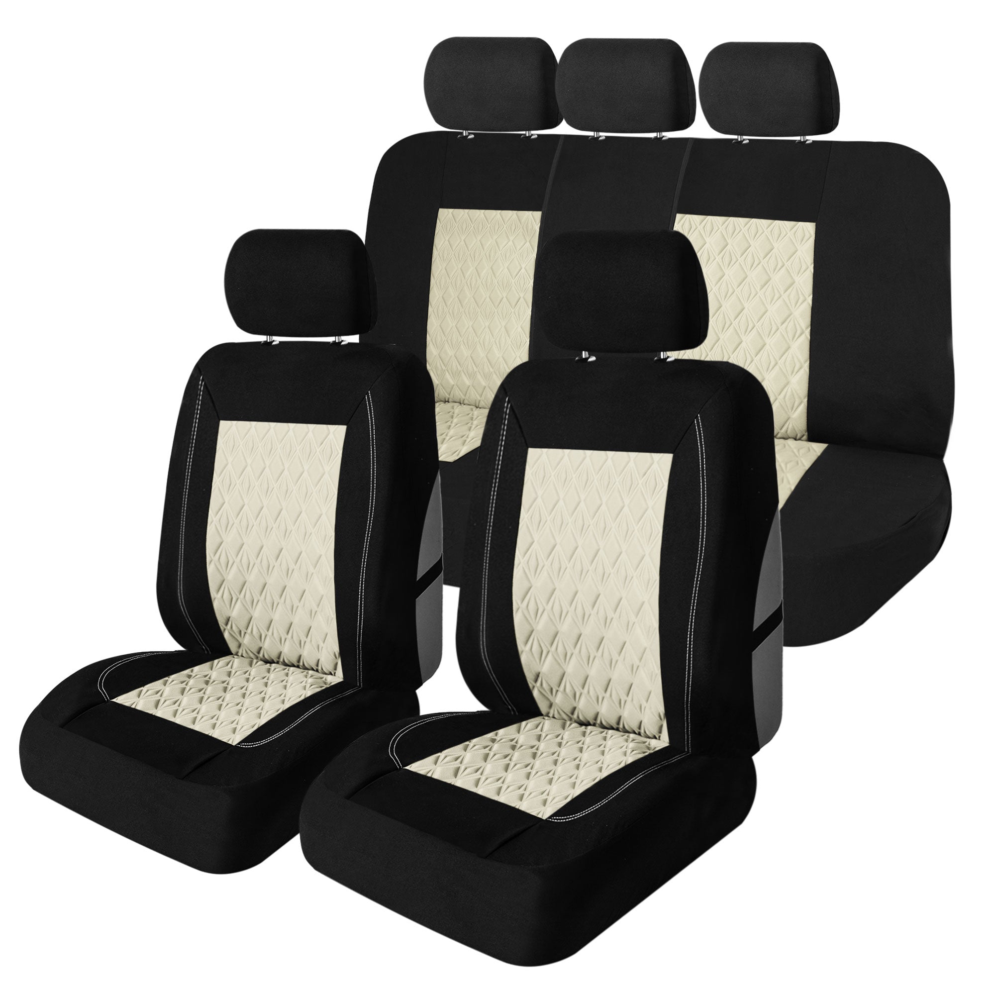 Diamond Stitched Flat Cloth Car Seat Covers Full Set - Beige