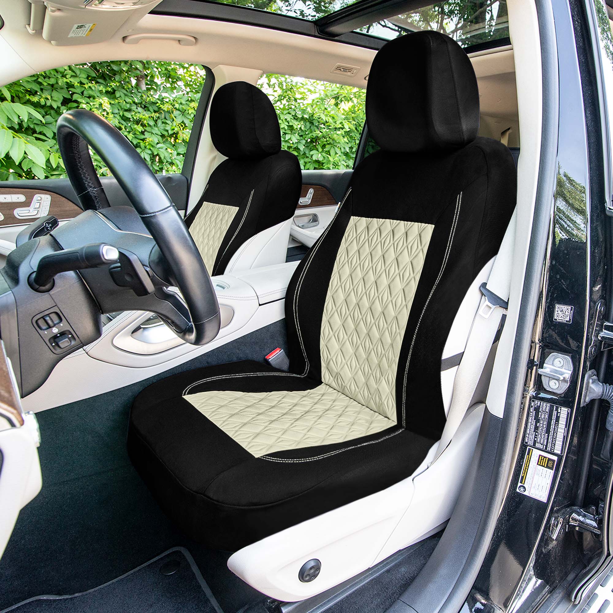 Diamond Stitched Flat Cloth Car Seat Covers Full Set - Beige