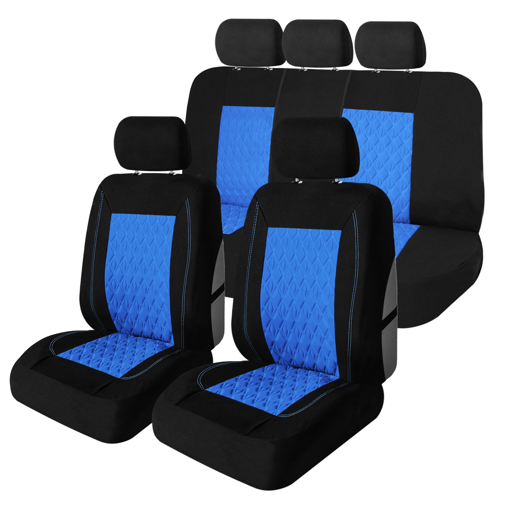 Diamond Stitched Flat Cloth Car Seat Covers Full Set - Blue