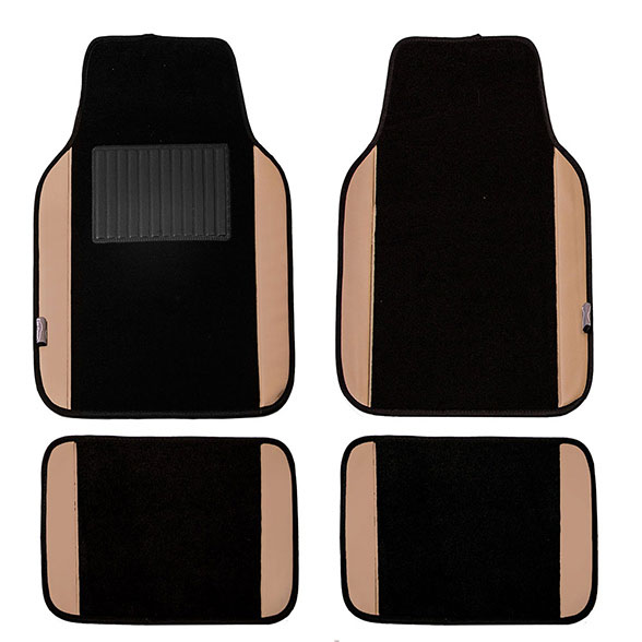 Non-Slip Carpet Floor Mats With PU Leather Trim - Full Set Tan / Black