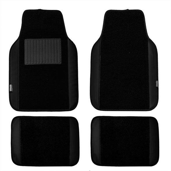 Non-Slip Carpet Floor Mats With PU Leather Trim - Full Set Black