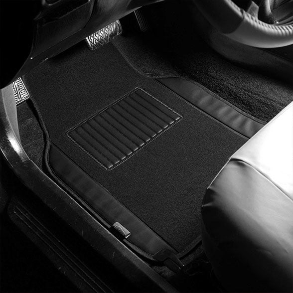 Non-Slip Carpet Floor Mats With PU Leather Trim - Full Set Black