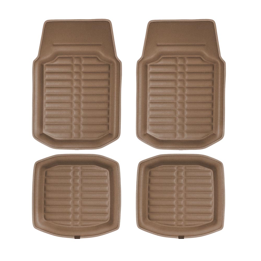 Deep Tray Non-Slip Faux Leather Floor Mats - Full Set Beige