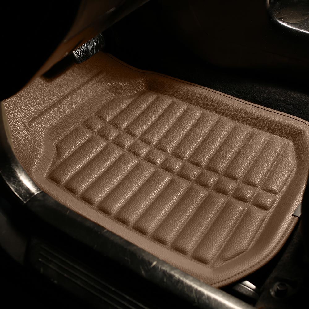 Deep Tray Non-Slip PU Leather Floor Mats - Front Set Beige