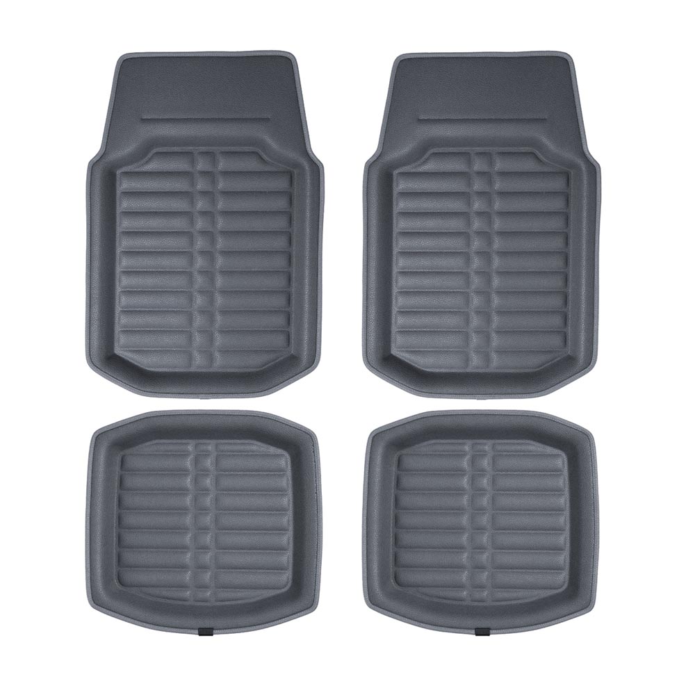 Deep Tray Non-Slip Faux Leather Floor Mats - Full Set Gray