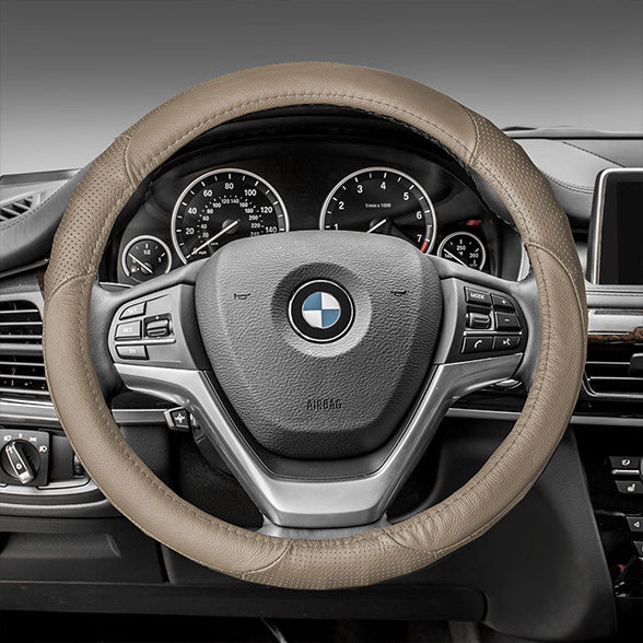Perforated Genuine Leather Steering Wheel Cover Beige